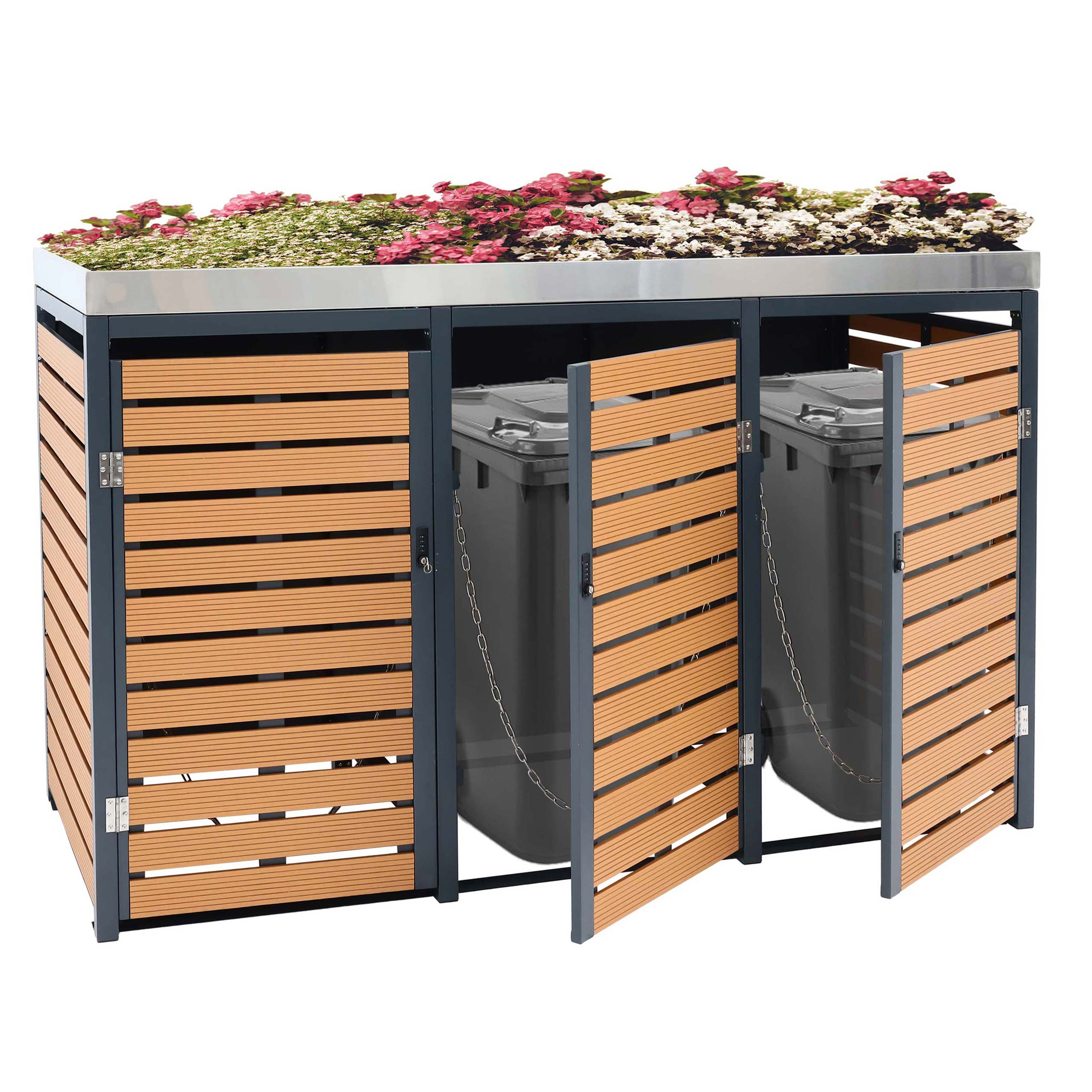 3er M&uuml;lltonnenverkleidung MCW-K14, M&uuml;lltonnenbox mit Pflanzkasten, 124x200x84cm WPC Edelstahl 107kg ~ Teak-Optik - Bild 1