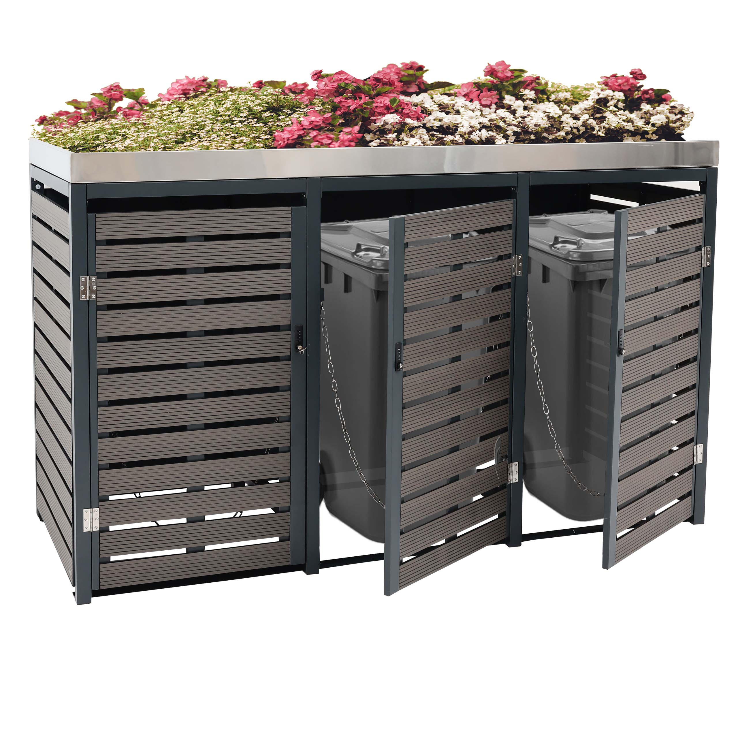 3er M&uuml;lltonnenverkleidung MCW-K14, M&uuml;lltonnenbox mit Pflanzkasten, 124x200x84cm WPC Edelstahl 107kg ~ anthrazit - Bild 1
