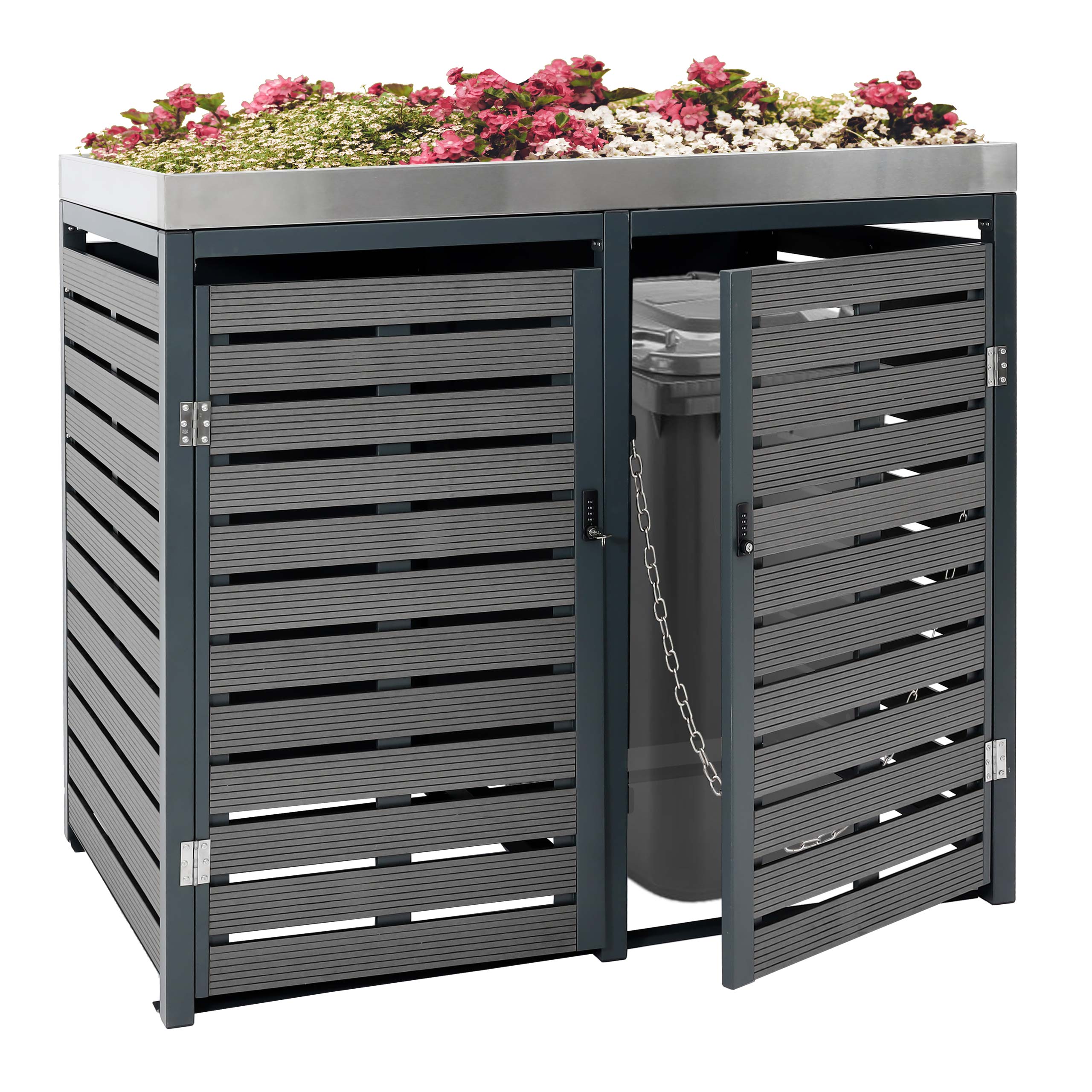 2er M&uuml;lltonnenverkleidung MCW-K14, M&uuml;lltonnenbox mit Pflanzkasten, 124x134x84cm WPC Edelstahl 79kg ~ anthrazit - Bild 1