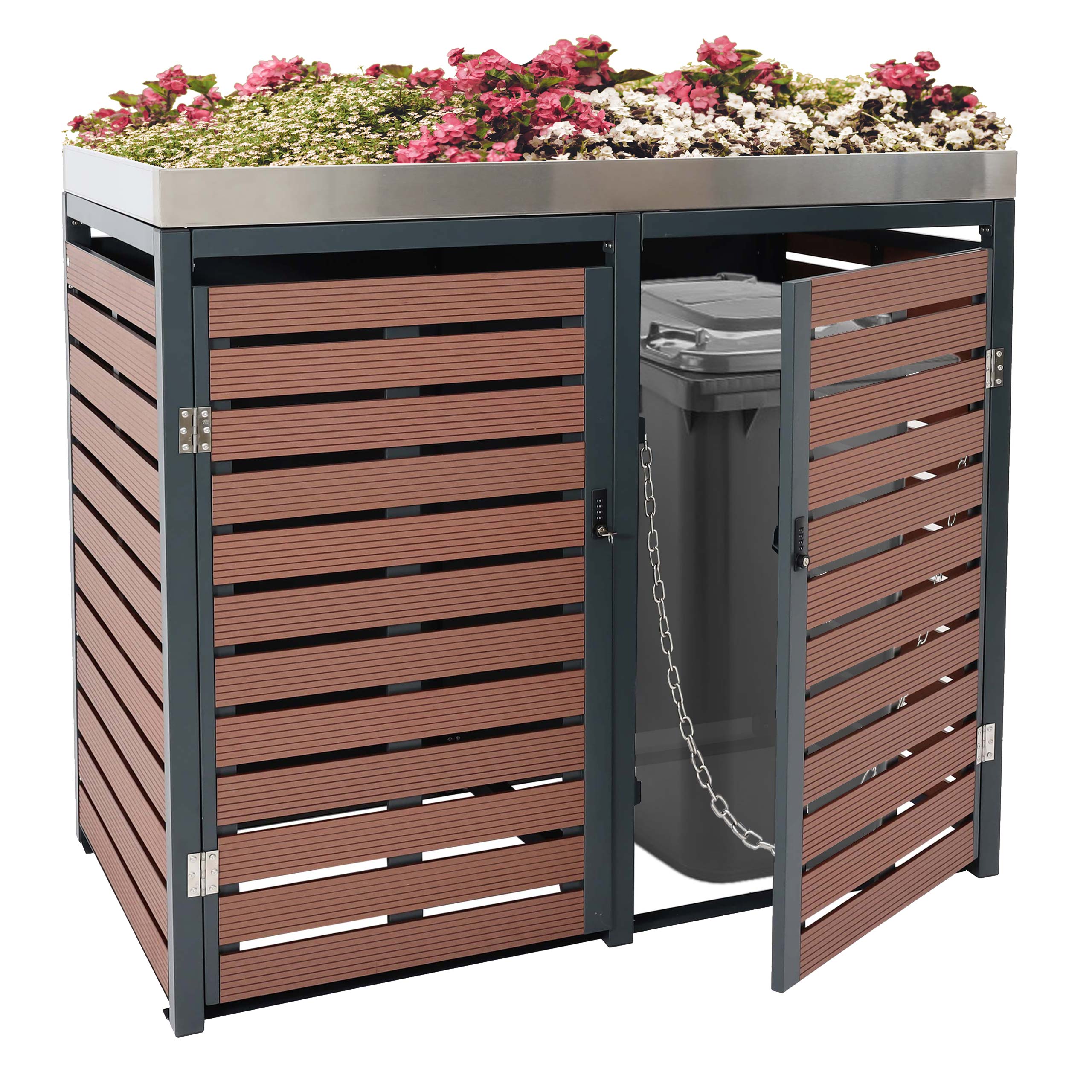 2er M&uuml;lltonnenverkleidung MCW-K14, M&uuml;lltonnenbox mit Pflanzkasten, 124x134x84cm WPC Edelstahl 79kg ~ Walnuss-Holzoptik - Bild 1