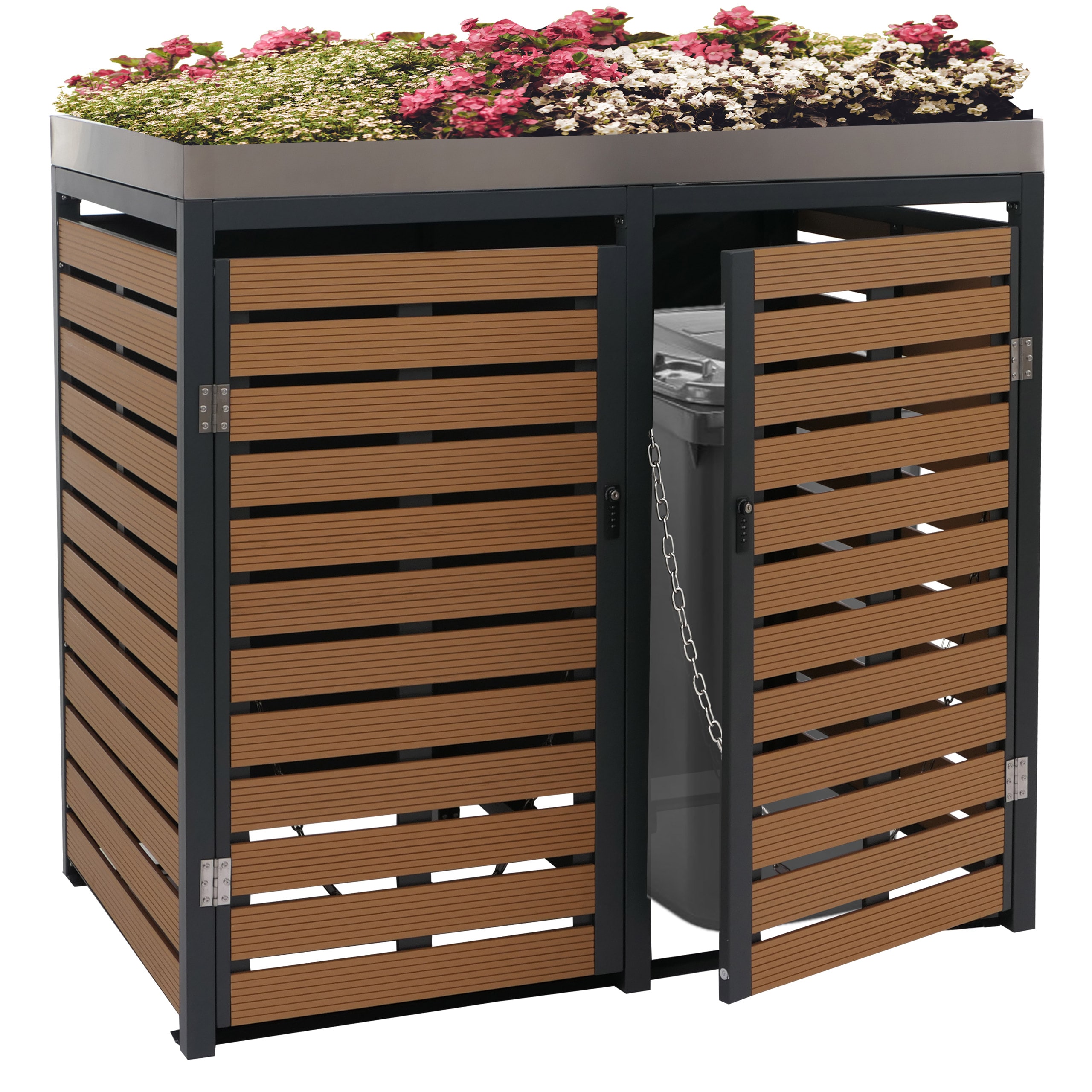 2er M&uuml;lltonnenverkleidung MCW-K14, M&uuml;lltonnenbox mit Pflanzkasten, 124x134x84cm WPC Edelstahl 79kg ~ Teak-Optik - Bild 1