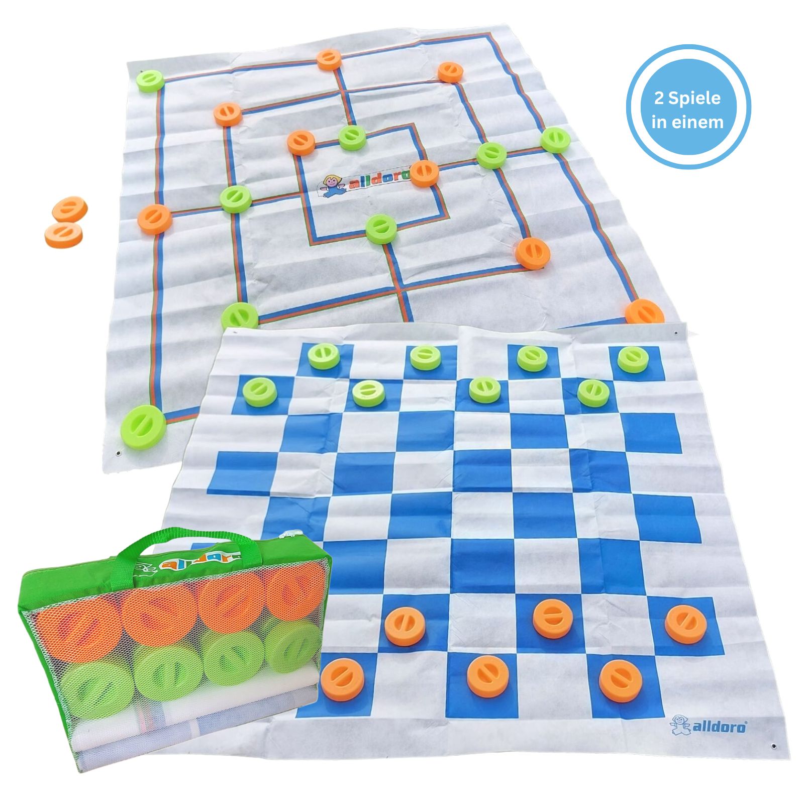 alldoro - XXL Mühle & Dame mit Tragetasche, inkl. 2 in 1 Spielfeld