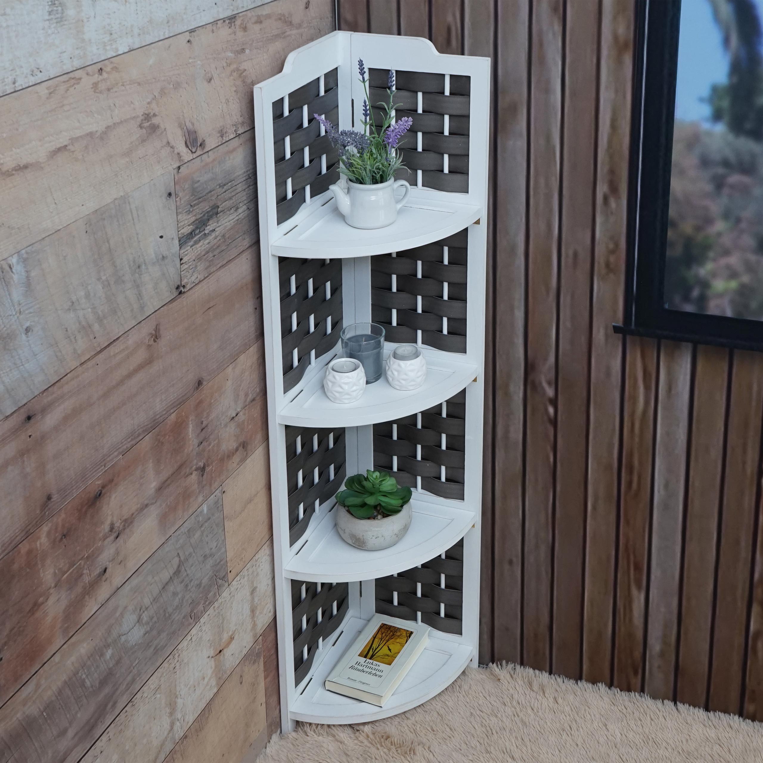 Eckregal MCW-K85, Regal Standregal, klappbar 4 Ablagen, Paulownia Holz 110cm ~ wei&szlig;, Geflecht anthrazit - Bild 1