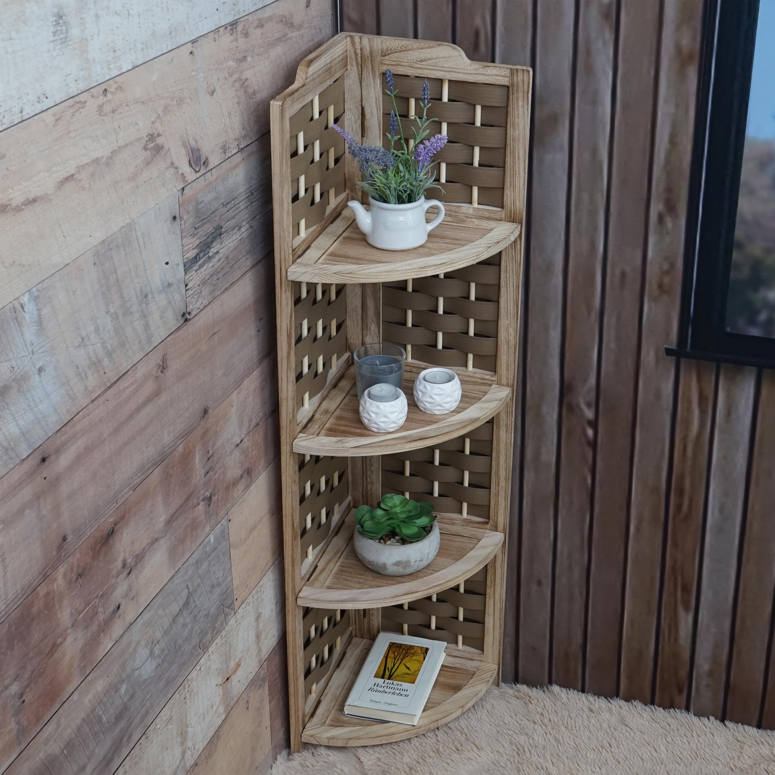 Eckregal MCW-K85, Regal Standregal, klappbar 4 Ablagen, Paulownia Holz 110cm ~ braun, Geflecht braun - Bild 1