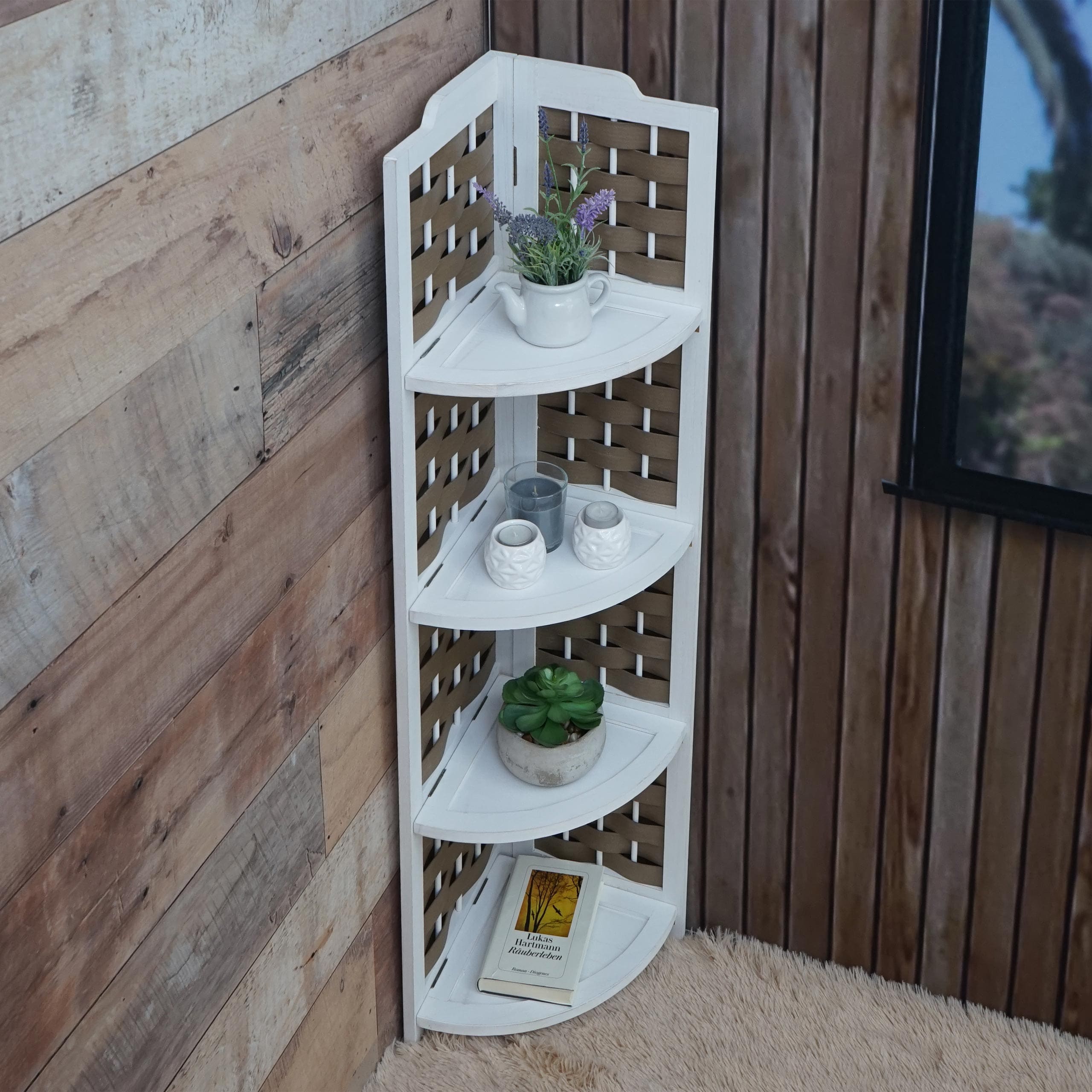 Eckregal MCW-K85, Regal Standregal, klappbar 4 Ablagen, Paulownia Holz 110cm ~ wei&szlig;, Geflecht braun - Bild 1