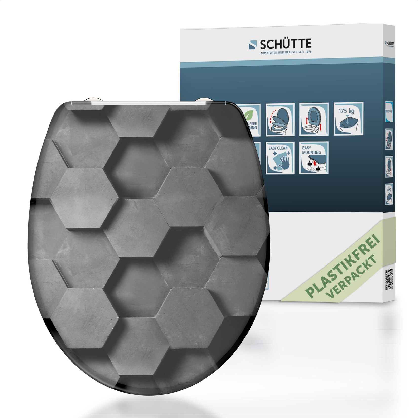 Schütte Duroplast WC Sitz GREY HEXAGONS, mit Absenkautomatik und Schnellverschluss