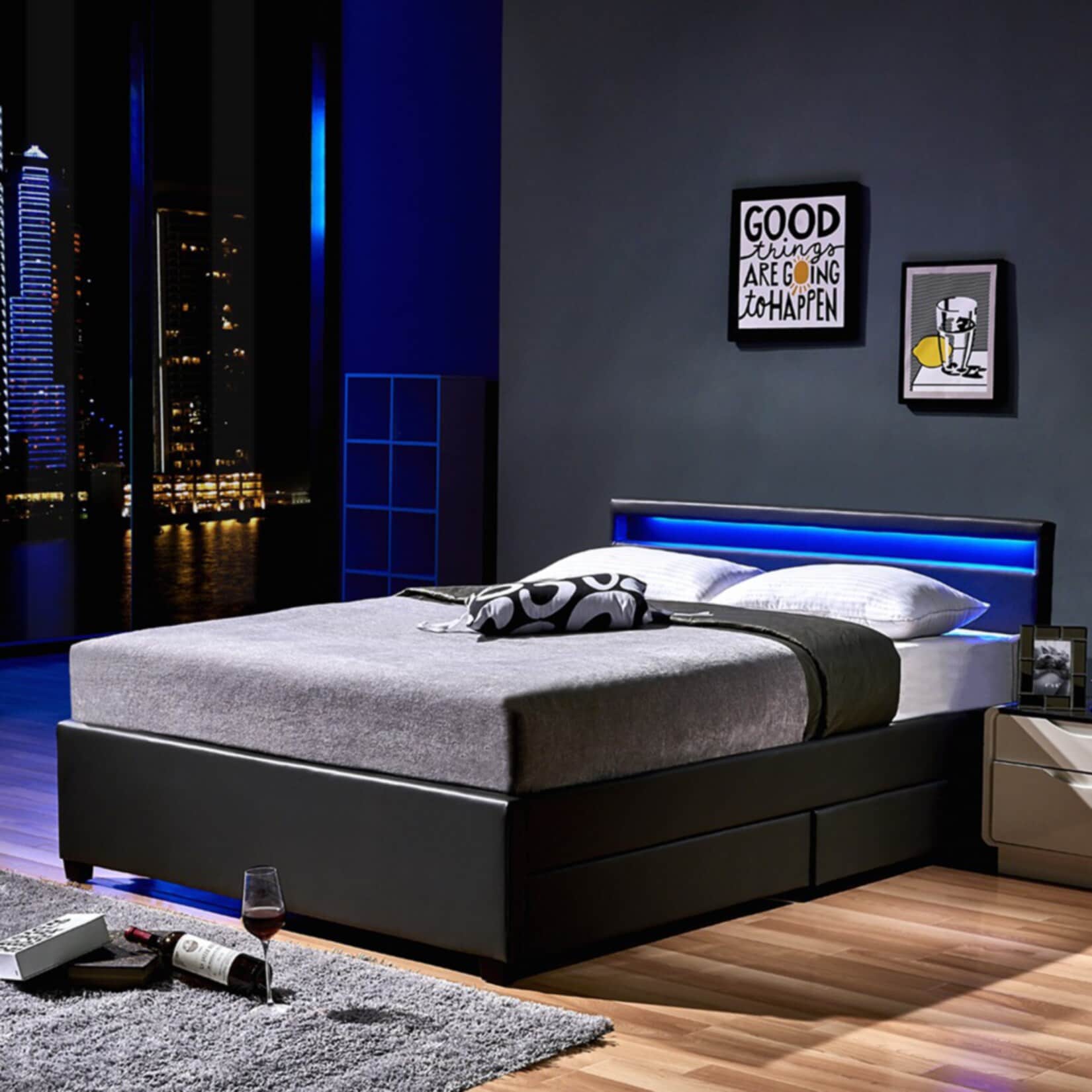 HOME DELUXE LED Bett Nube mit Schubladen und Matratze, 140 x 200cm - versch. Ausf&uuml;hrungen - Dunkelgrau - Bild 1