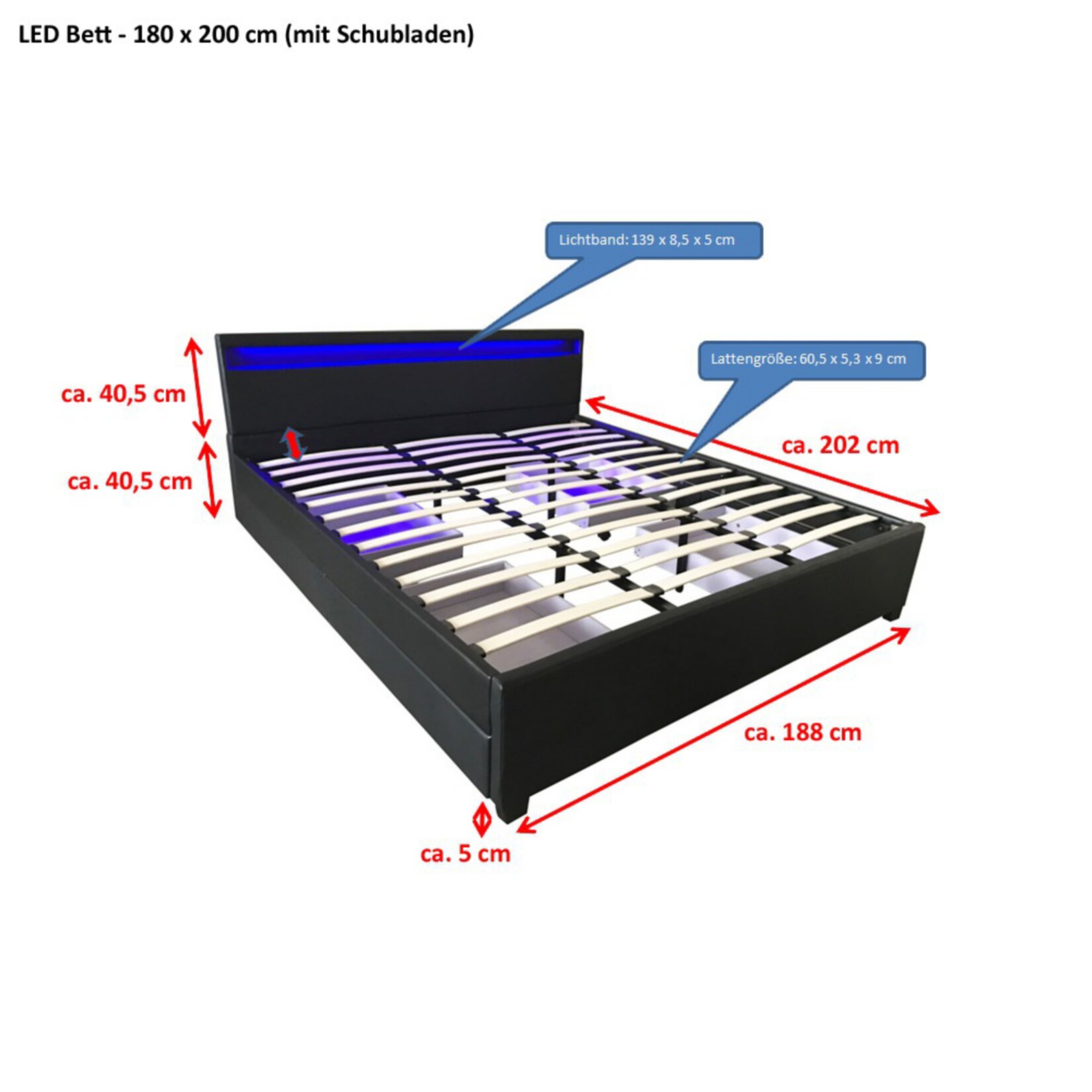 Home Deluxe LED-Bett NUBE – 180x200 Cm, Mit Matratze, Schubladen, Dunkelgrau