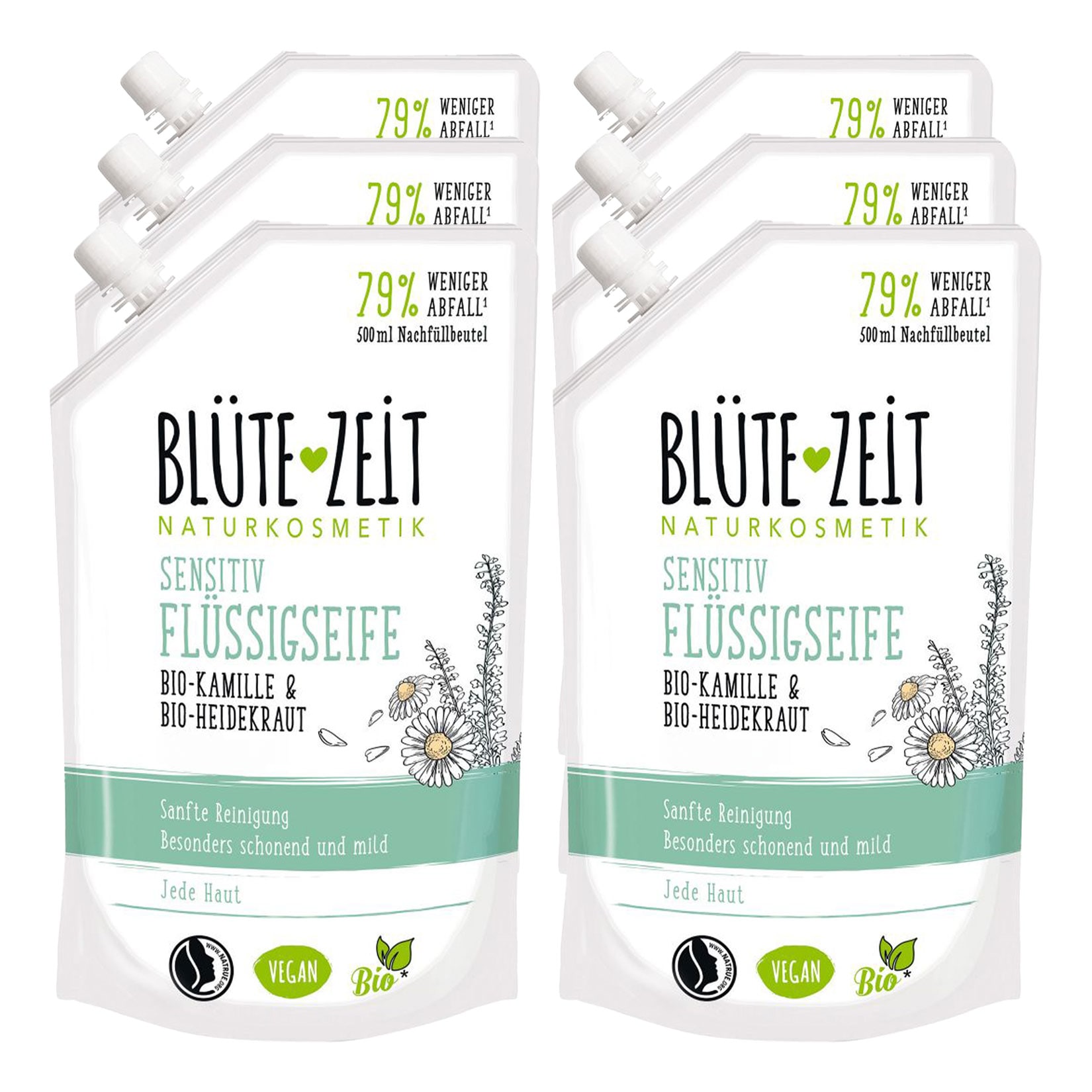 BL&Uuml;TE-ZEIT Fl&uuml;ssigseife Sensitiv Bio-Kamille und Bio-Heidekraut Nachf&uuml;llbeutel 500 ml, 6er Pack - Bild 1