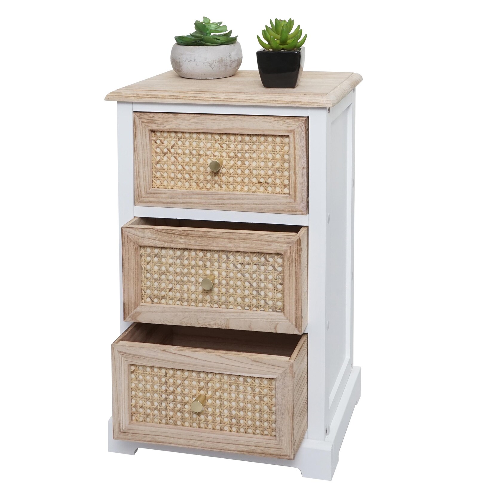 Kommode MCW-K87, Schubladenschrank Schrank, Holz Rattan 63x40x28cm ~ weiß, naturfarben | 04057651810843