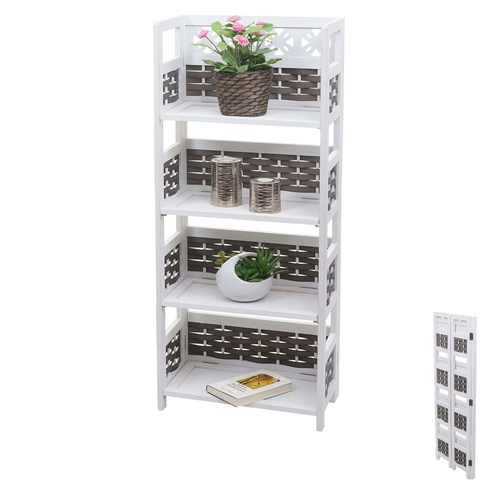 Regal MCW-K86, Standregal Wohnregal, klappbar 4 Ablagen, Holz 110cm ~ weiß, Geflecht grau | 04057651316796
