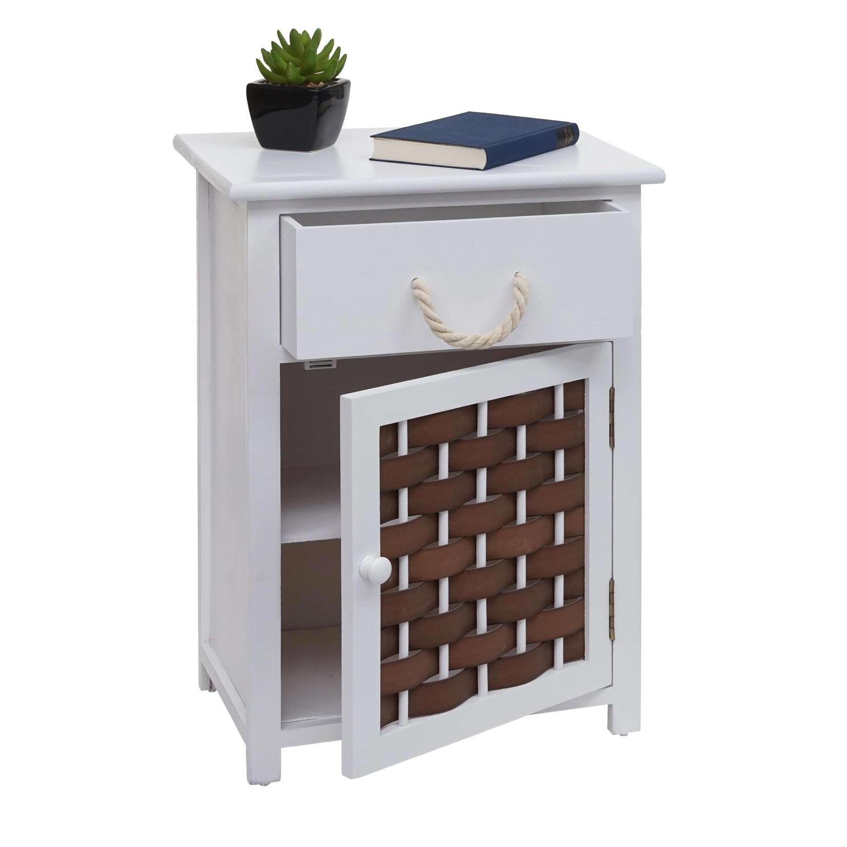 Kommode MCW-K83, Schrank Schubladenschrank, Holz 55×39,5×28,5cm ~ weiß, Polyrattan braun | 04057651810638