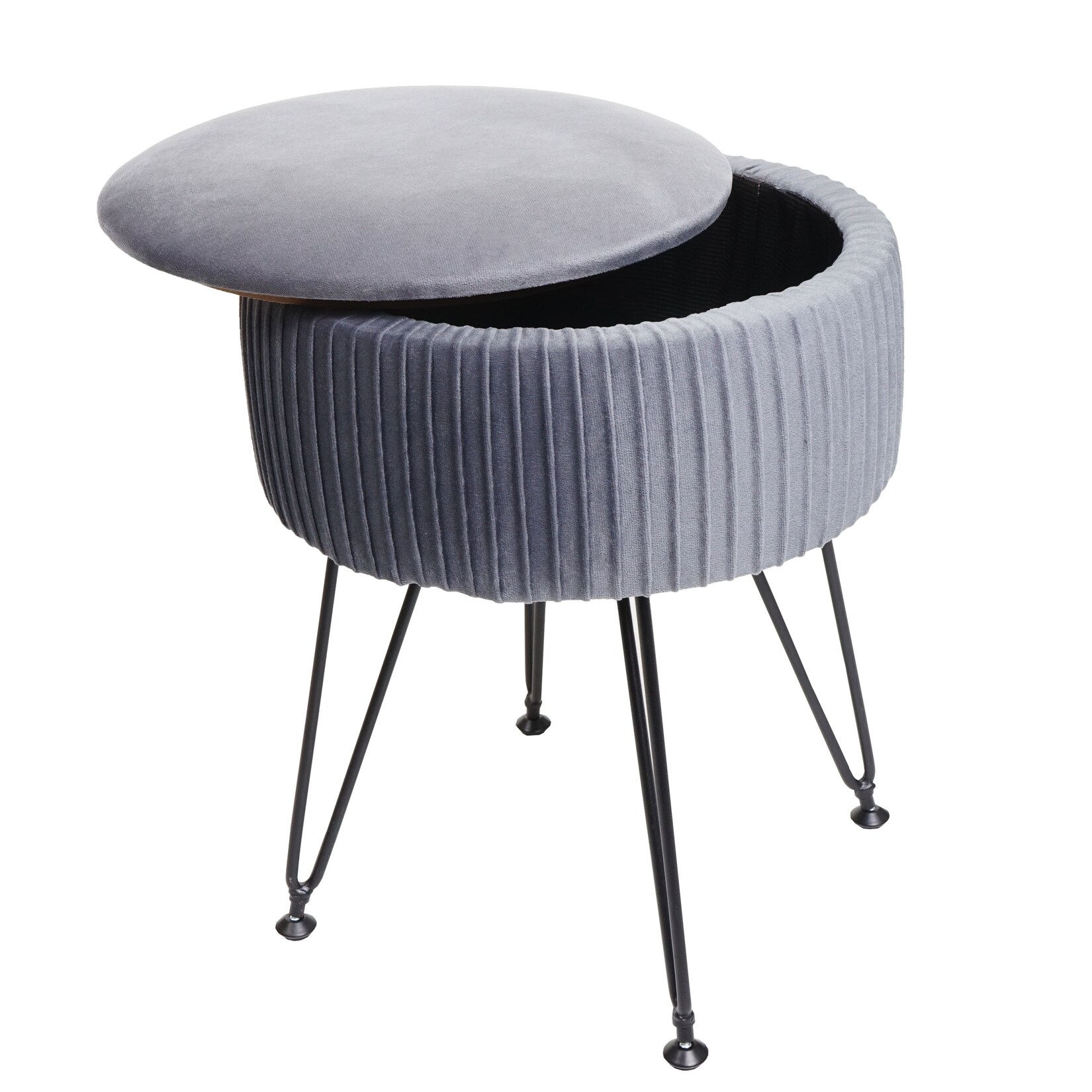 Sitzhocker MCW-K47, Hocker mit Staufach, Ø 33cm, Samt-Optik ~ hellgrau, Gestell schwarz
