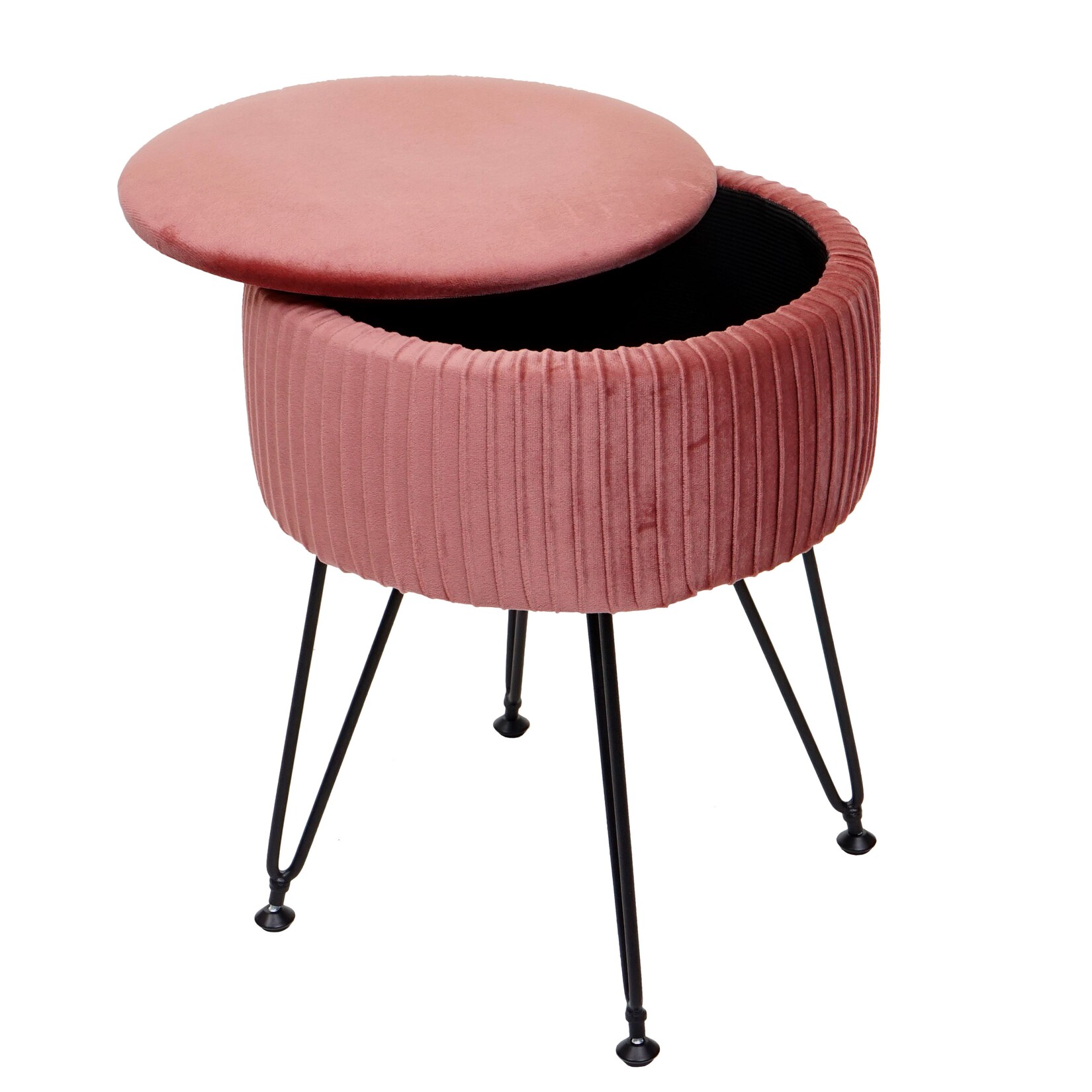 Sitzhocker MCW-K47, Hocker mit Staufach, Ø 33cm, Samt-Optik ~ rosa, Gestell schwarz | 04057651719016