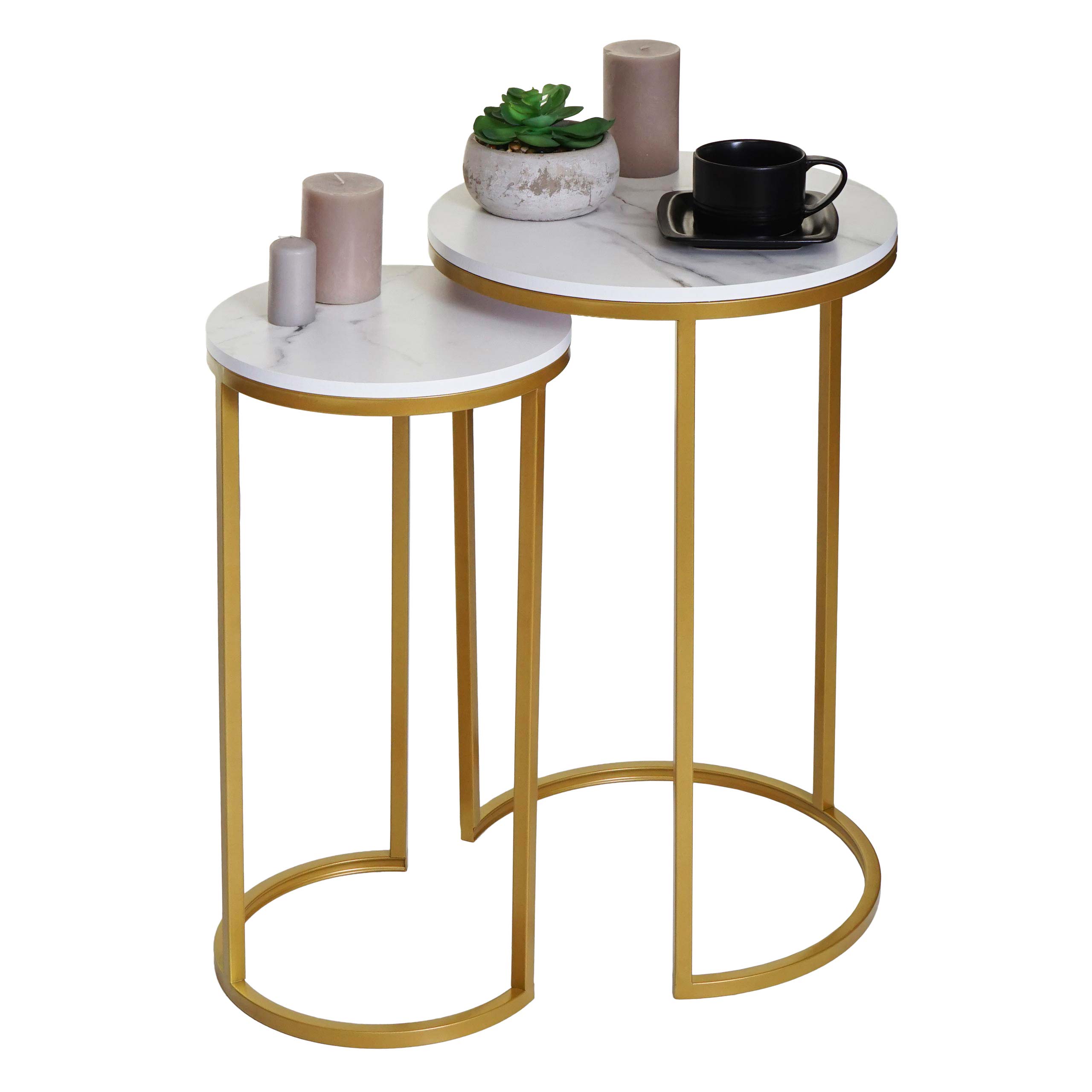2er-Set Beistelltisch MCW-K46, Kaffeetisch Nachttisch Loungetisch, Marmor-Optik MDF ~ wei&szlig;-gold - Bild 1