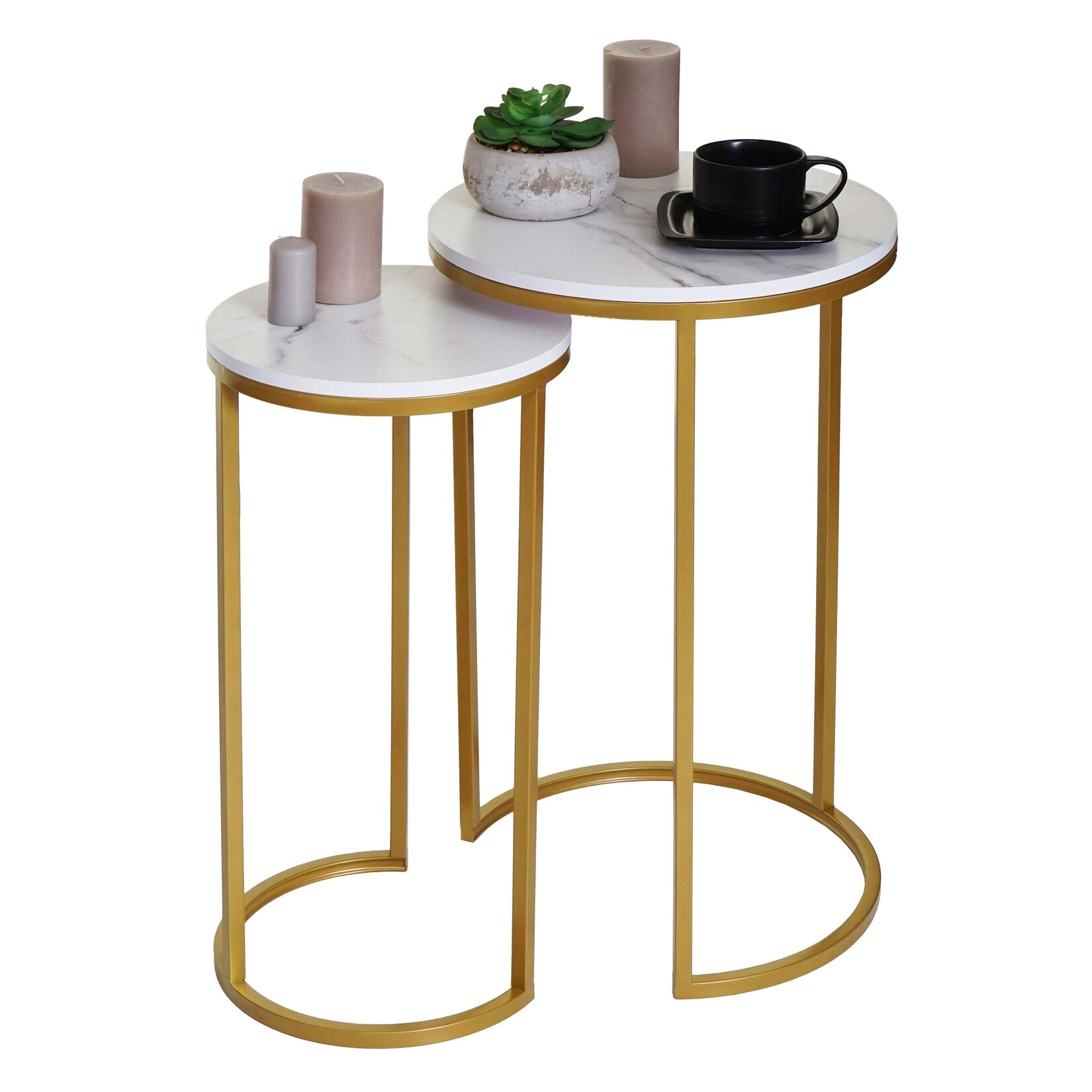 2er-Set Beistelltisch MCW-K46, Kaffeetisch Nachttisch Loungetisch, Marmor-Optik MDF ~ weiß-gold