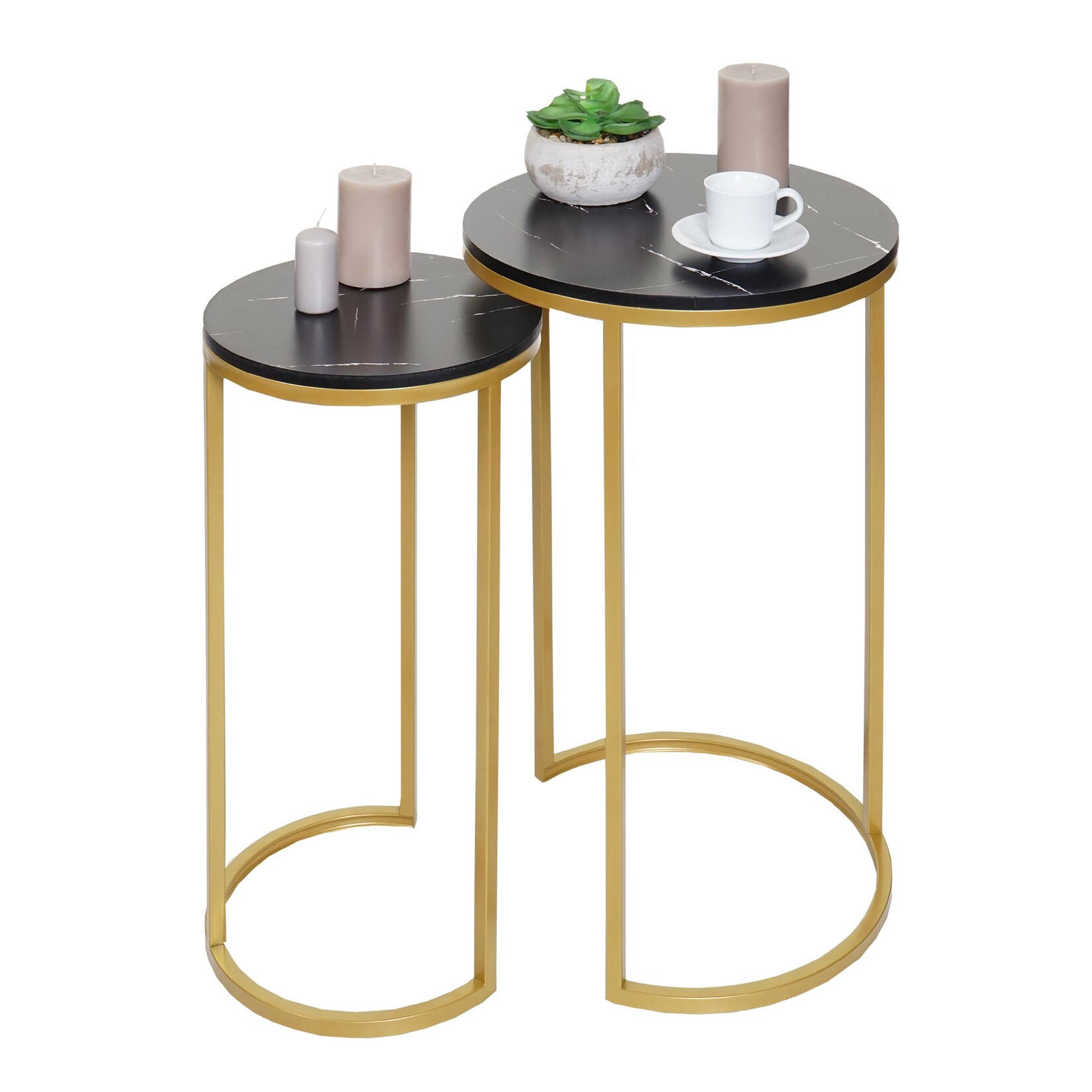 2er-Set Beistelltisch MCW-K46, Kaffeetisch Nachttisch Loungetisch, Marmor-Optik MDF ~ schwarz-gold