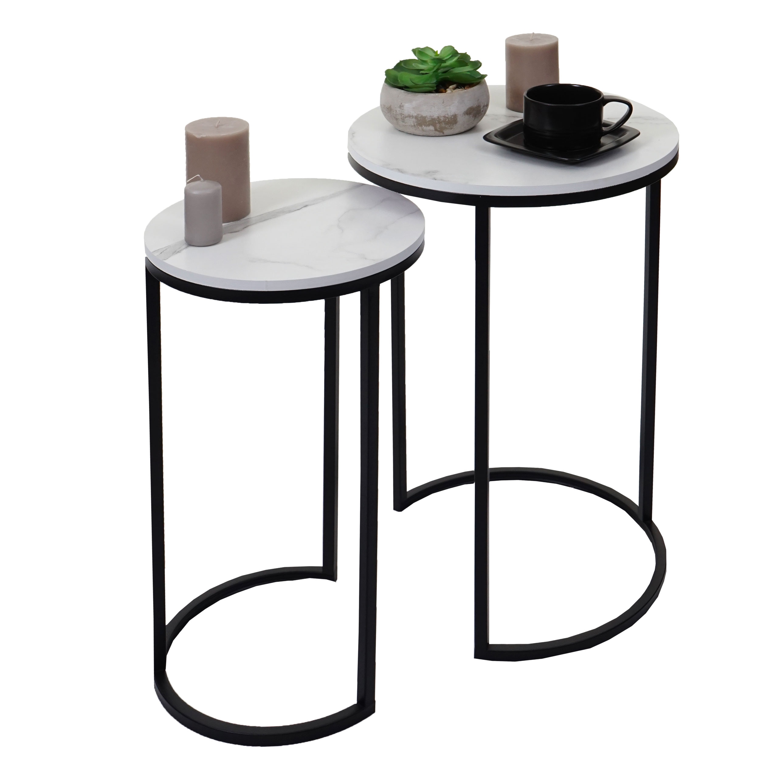 2er-Set Beistelltisch MCW-K46, Kaffeetisch Nachttisch Loungetisch, Marmor-Optik MDF ~ wei&szlig;-schwarz - Bild 1