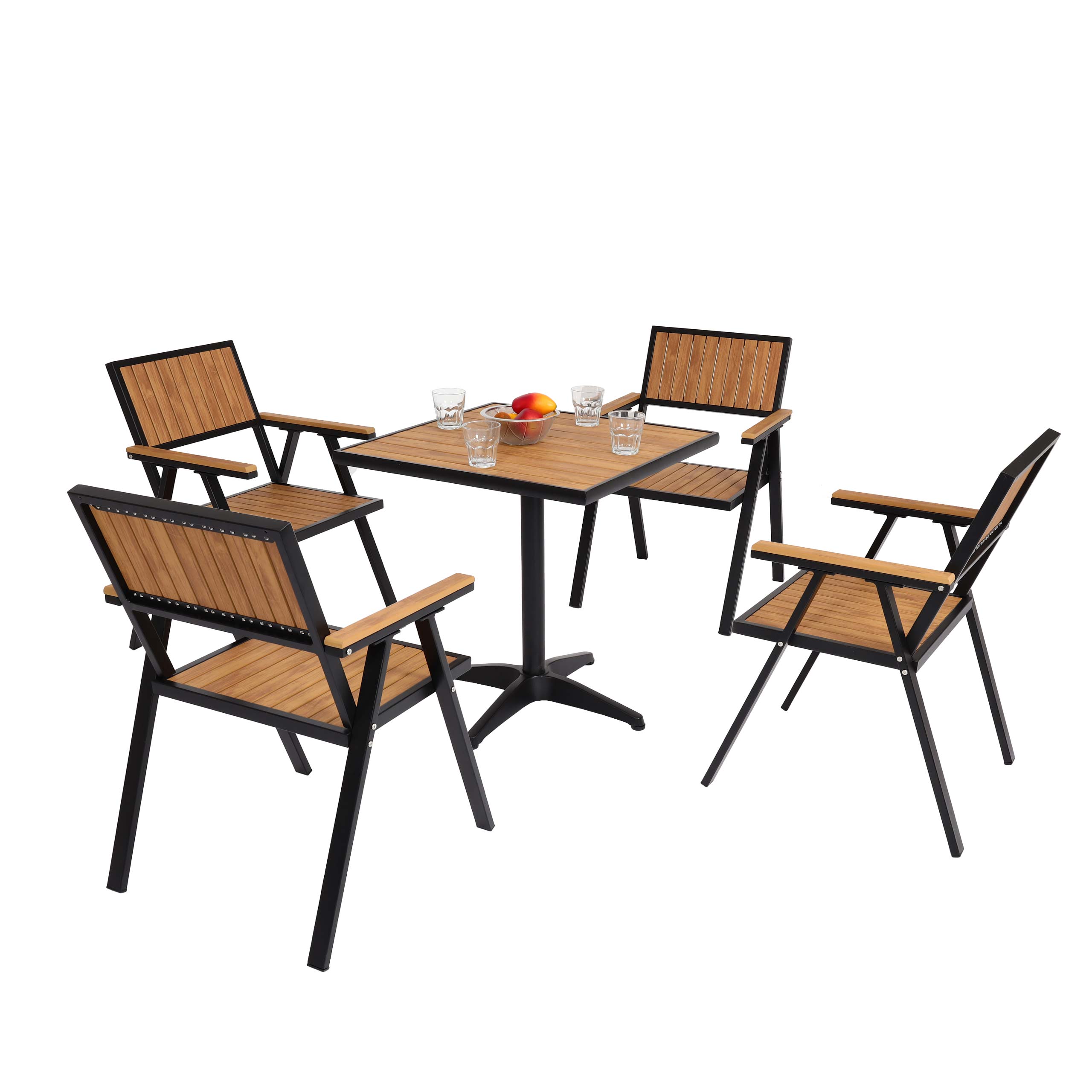 4er-Set Gartenstuhl+Gartentisch MCW-J95, Stuhl Tisch, Gastro Outdoor-Beschichtung, Alu Holzoptik ~ schwarz, teak - Bild 1