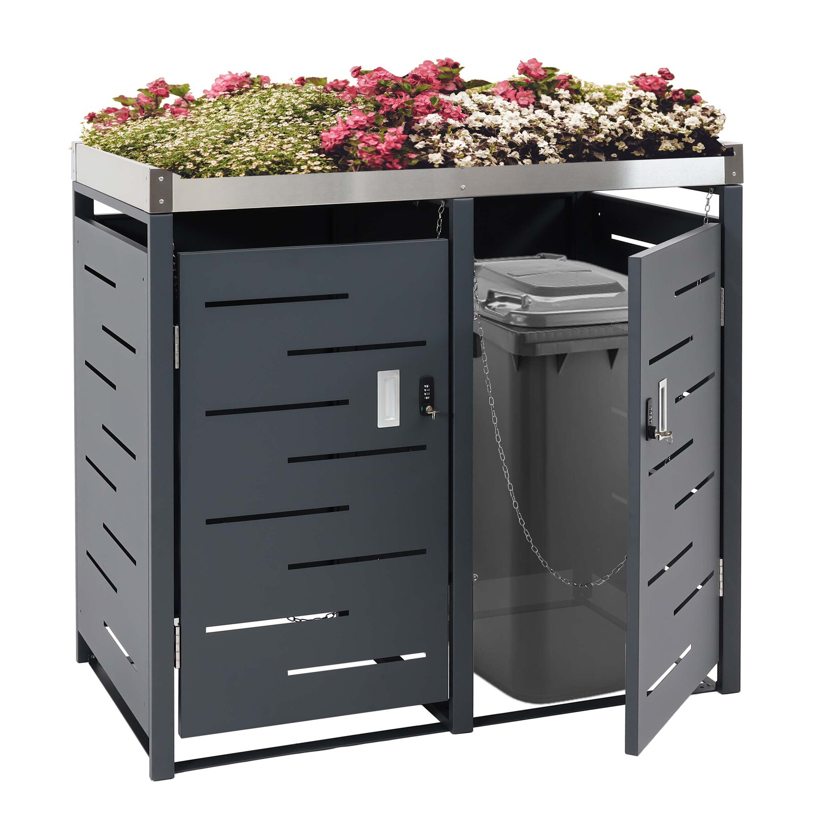 2er-Mülltonnenverkleidung MCW-H40b, Mülltonnenbox, Pflanzkasten Edelstahl-Metall-Kombi 39kg 110x115x62cm erweiterbar | 04057651540931