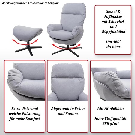 Stoff/Textil online Hocker + ~ drehbar, bei Schaukelstuhl Metall Sessel Netto hellgrau Relaxsessel Wippfunktion, MCW-L12, Fernsehsessel kaufen