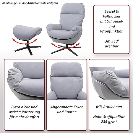 Relaxsessel + Hocker MCW-L12, Fernsehsessel Sessel Schaukelstuhl  Wippfunktion, drehbar, Metall Stoff/Textil ~ hellgrau online kaufen bei  Netto