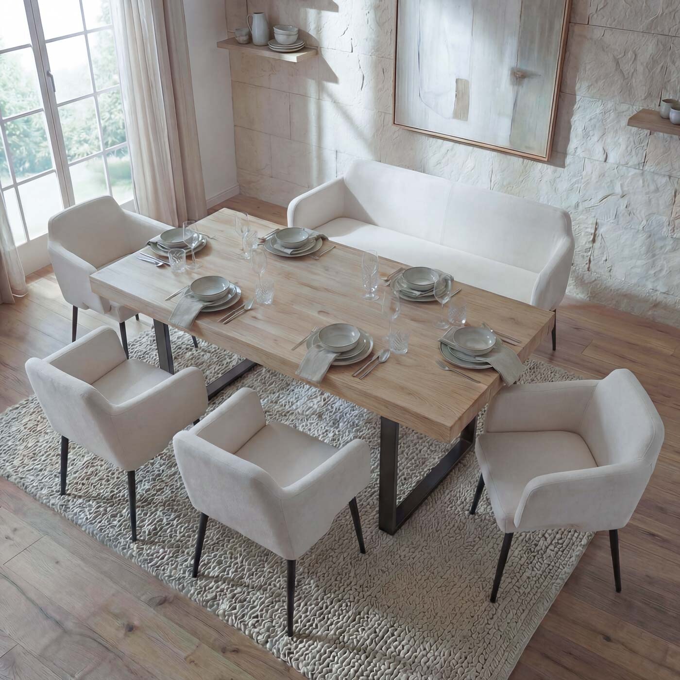 Esszimmer-Set MCW-L13, 4er-Set Stuhl+Sitzbank Esszimmergruppe Sitzgruppe Esszimmergarnitur, Stoff/Textil ~ creme-weiß | 04057651315140