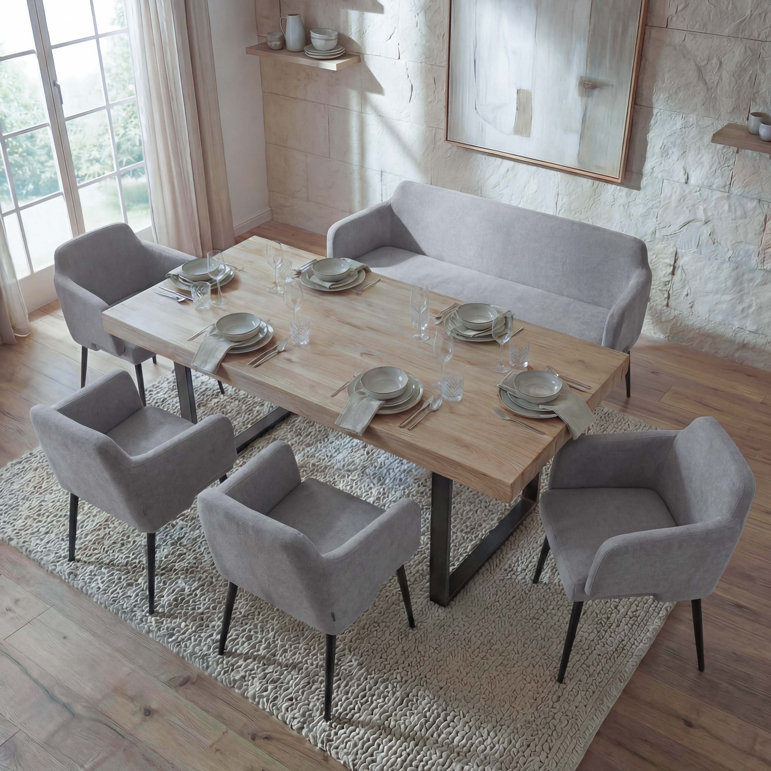 Esszimmer-Set MCW-L13, 4er-Set Stuhl+Sitzbank Esszimmergruppe Sitzgruppe Esszimmergarnitur, Stoff/Textil ~ grau - Bild 1