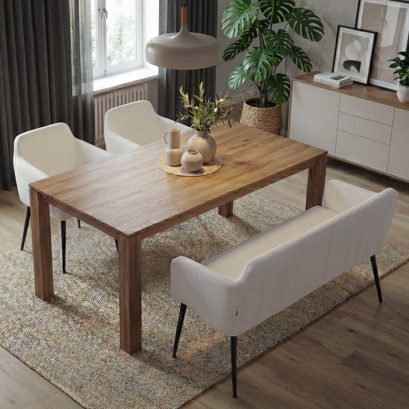 Esszimmer-Set MCW-L13, 2er-Set Stuhl+Sitzbank Esszimmergruppe Sitzgruppe Esszimmergarnitur, Stoff/Textil ~ creme-weiß | 04057651315577