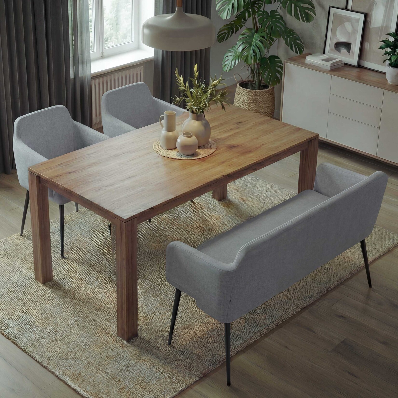 Esszimmer-Set MCW-L13, 2er-Set Stuhl+Sitzbank Esszimmergruppe Sitzgruppe Esszimmergarnitur, Stoff/Textil ~ grau