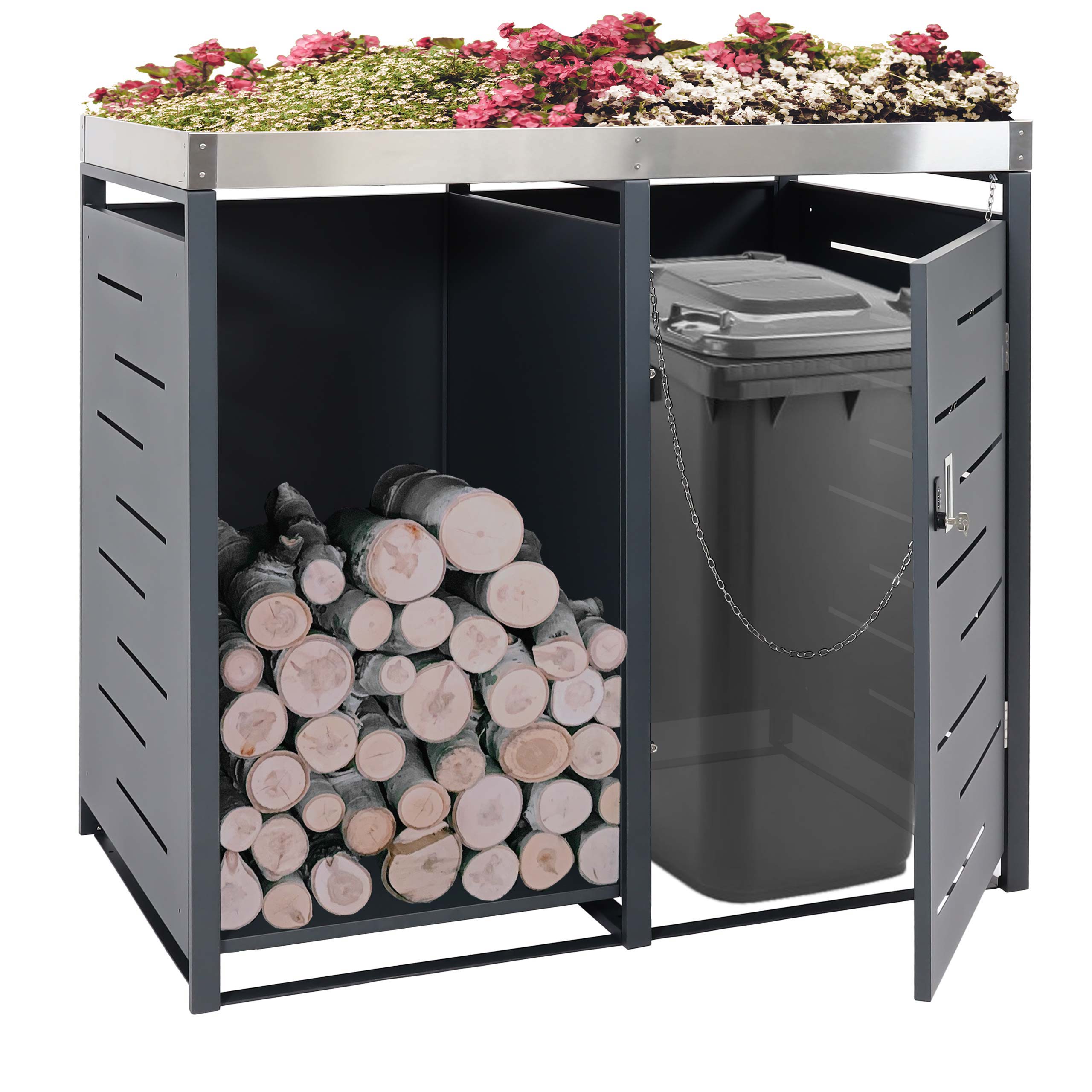 1er-M&uuml;lltonnenverkleidung mit Brennholzlager MCW-H40, M&uuml;lltonnenbox, 125x130x80cm erweiterbar Metall 45kg ~ anthrazit - Bild 1