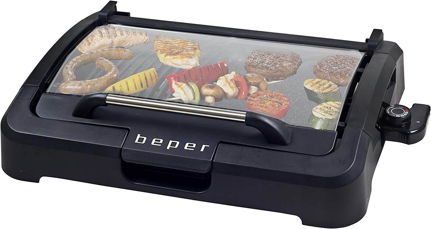 Beper 90.871 Elektrogrill mit Glasdeckel, beschichtete Grillplatte, Edelstahl, 2200 W | 08051772715434