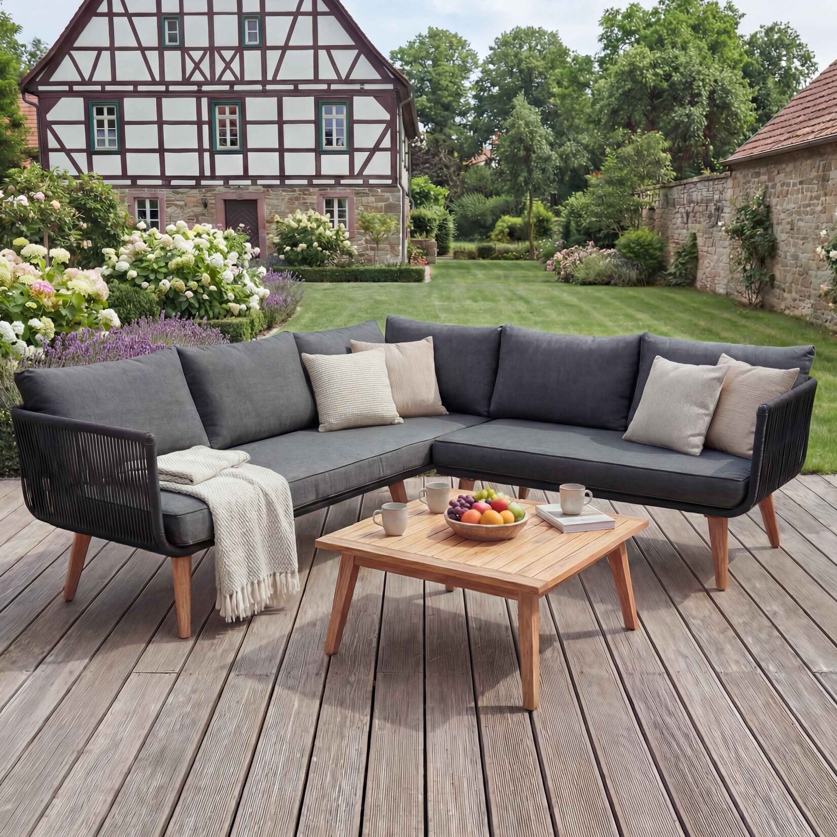 Garten-Garnitur MCW-L30, Garnitur Sitzgruppe Lounge-Set Sofa, Akazie Holz MVG-zertifiziert ~ Polster dunkelgrau