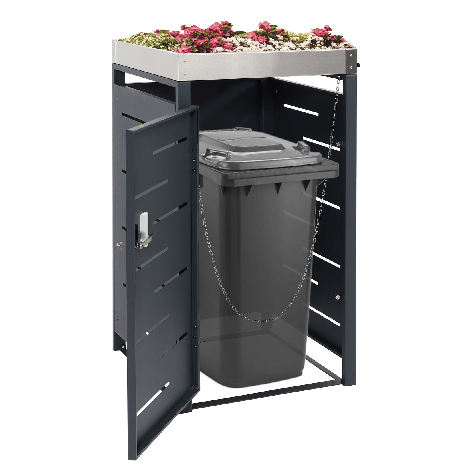 1er-Mülltonnenverkleidung MCW-H40b, Mülltonnenbox, Pflanzkasten Edelstahl-Metall-Kombi 24kg 110x60x62cm erweiterbar