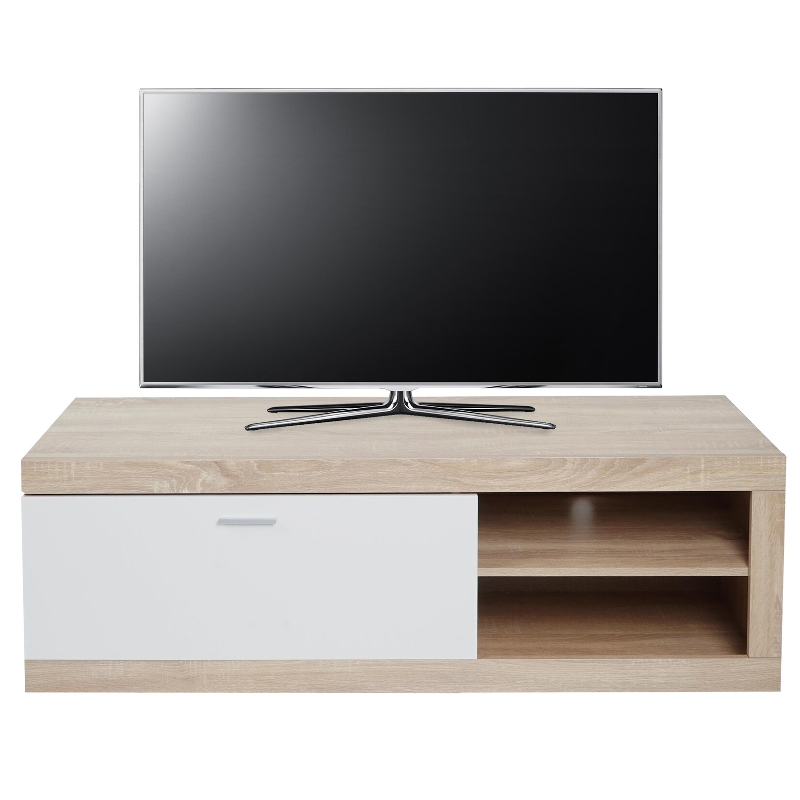 TV-Rack MCW-L33, TV-Board Fernsehtisch Lowboard TV-Schrank Kommode, Holz 43x140x41cm Staufach, Eiche-Optik, weiß | 04057651878812