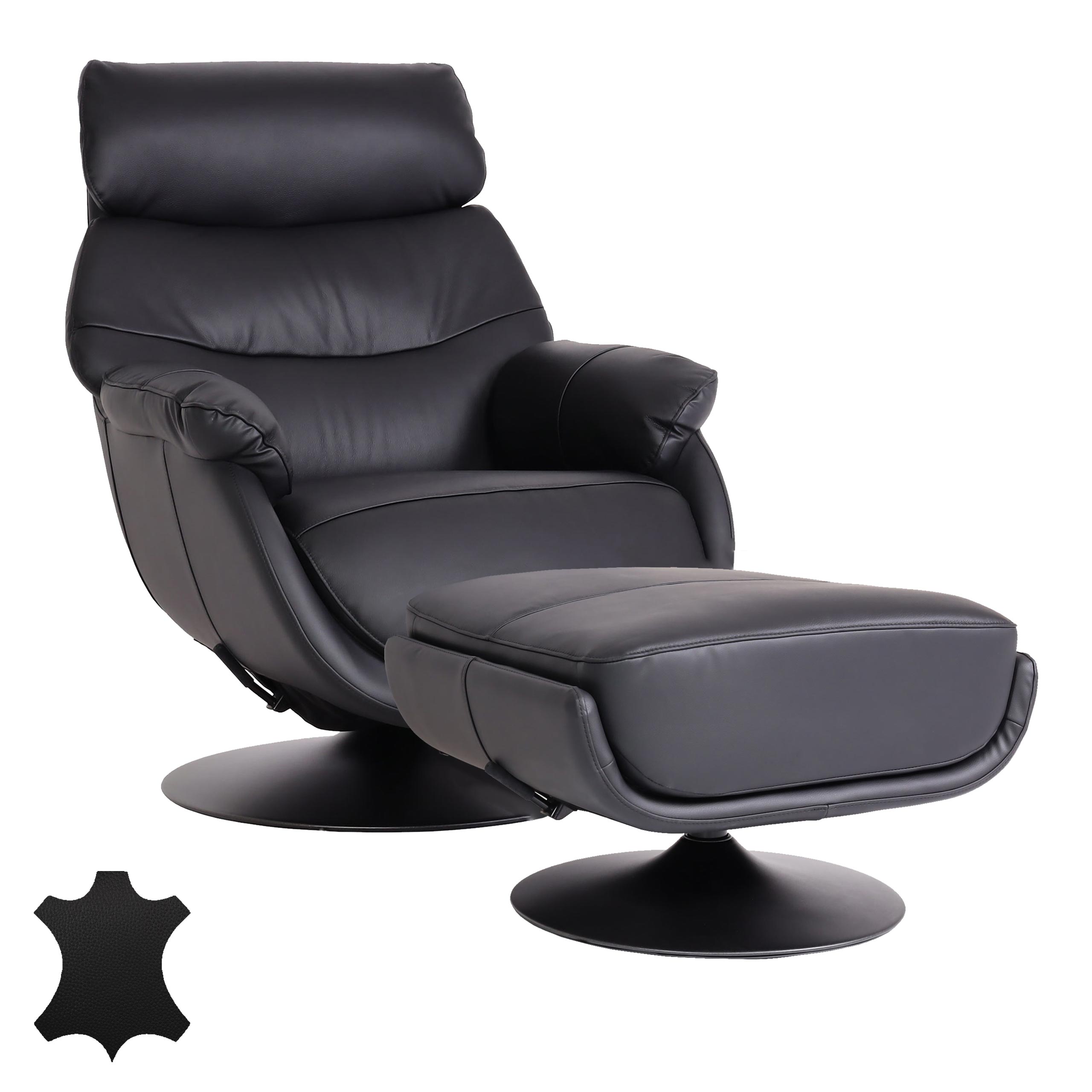 Relaxsessel mit Hocker MCW-K99, Fernsehsessel Sessel, Wippfunktion drehbar, Metall Echtleder/Kunstleder ~ schwarz - Bild 1