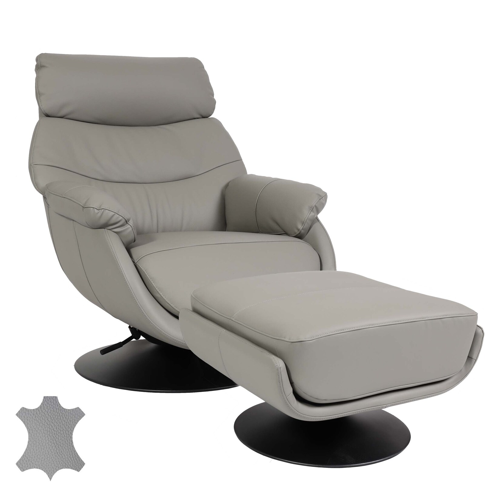 Relaxsessel mit Hocker MCW-K99, Fernsehsessel Sessel, Wippfunktion drehbar, Metall Echtleder/Kunstleder ~ grau