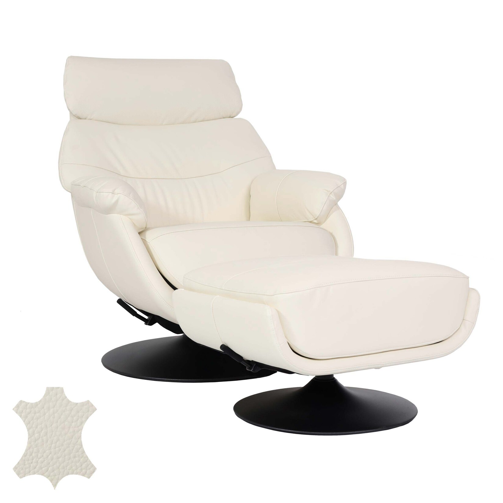 Relaxsessel mit Hocker MCW-K99, Fernsehsessel Sessel, Wippfunktion drehbar, Metall Echtleder/Kunstleder ~ creme-weiß