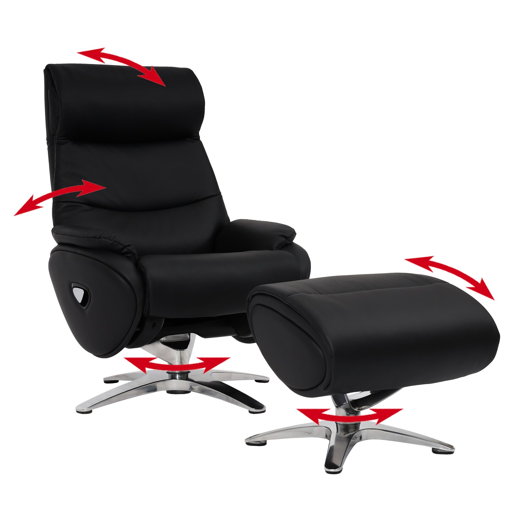 Relaxsessel mit Hocker MCW-K98, Fernsehsessel Sessel, Liegefunktion drehbar, Metall Echtleder/Kunstleder ~ schwarz