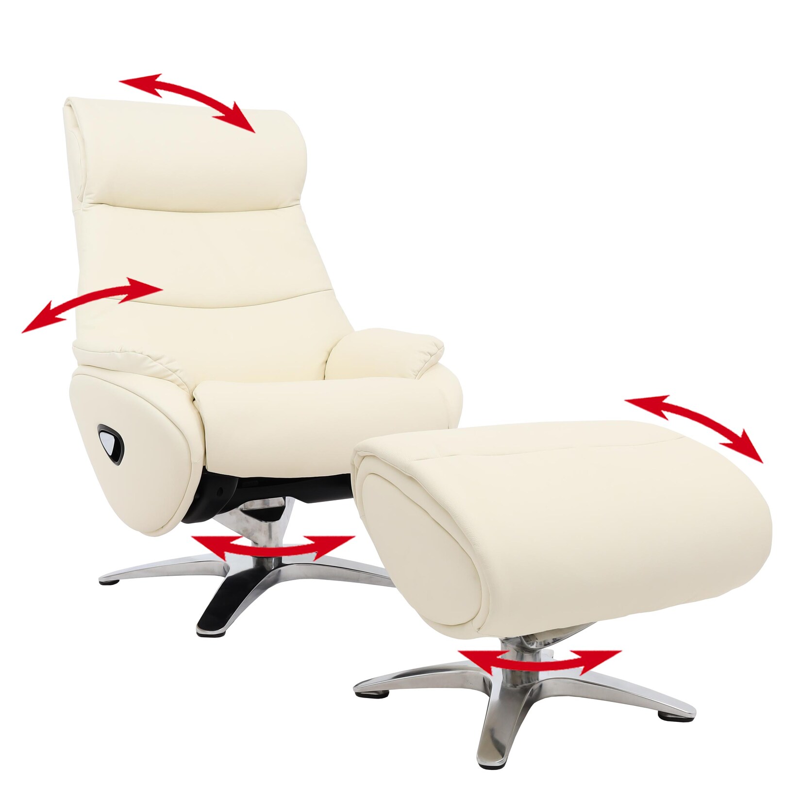 Relaxsessel mit Hocker MCW-K98, Fernsehsessel Sessel, Liegefunktion drehbar, Metall Echtleder/Kunstleder ~ creme-weiß