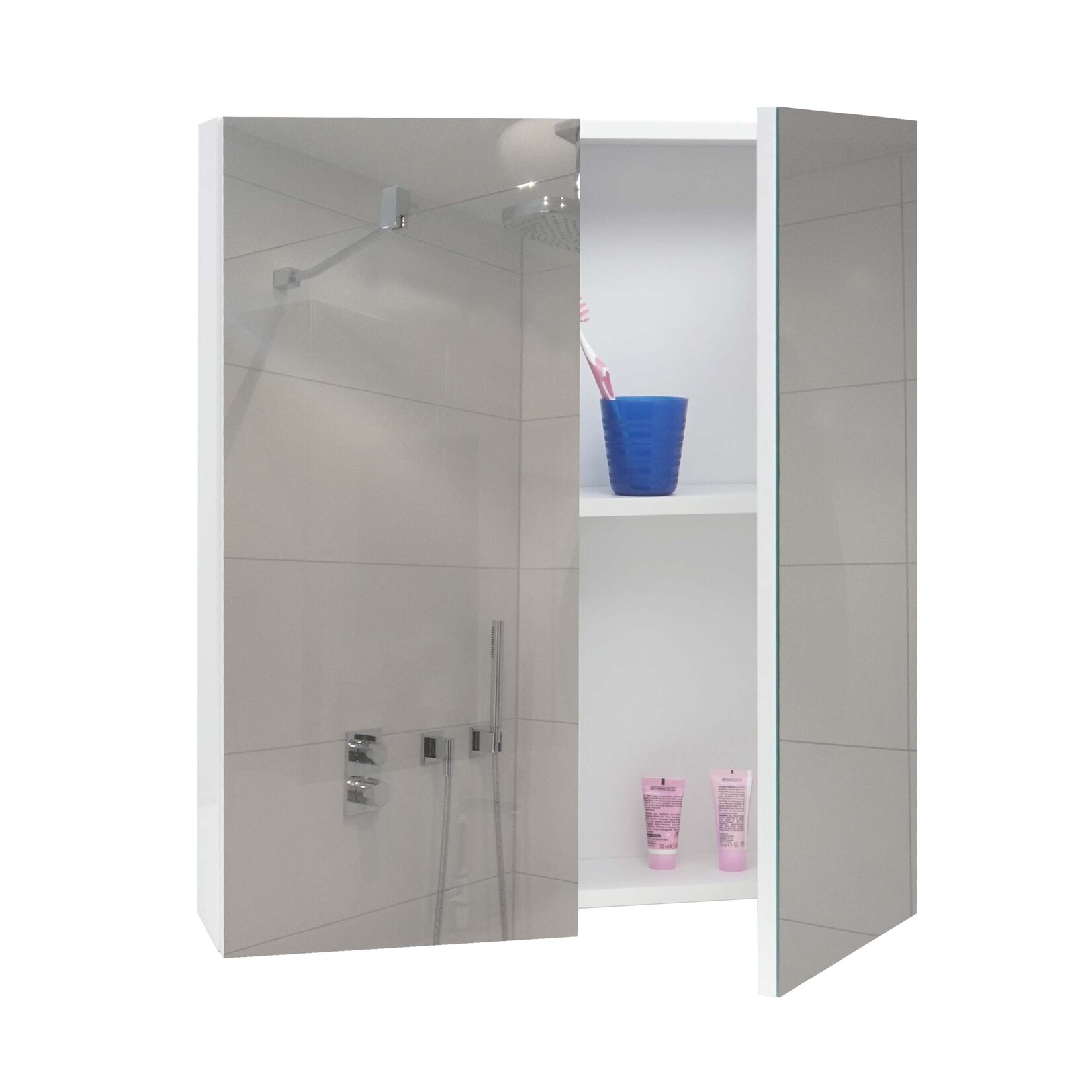 Spiegelschrank MCW-B19b, Badschrank Hängeschrank, 2 Regalböden hochglanz MVG-zertifiziert 70x60x16cm ~ weiß