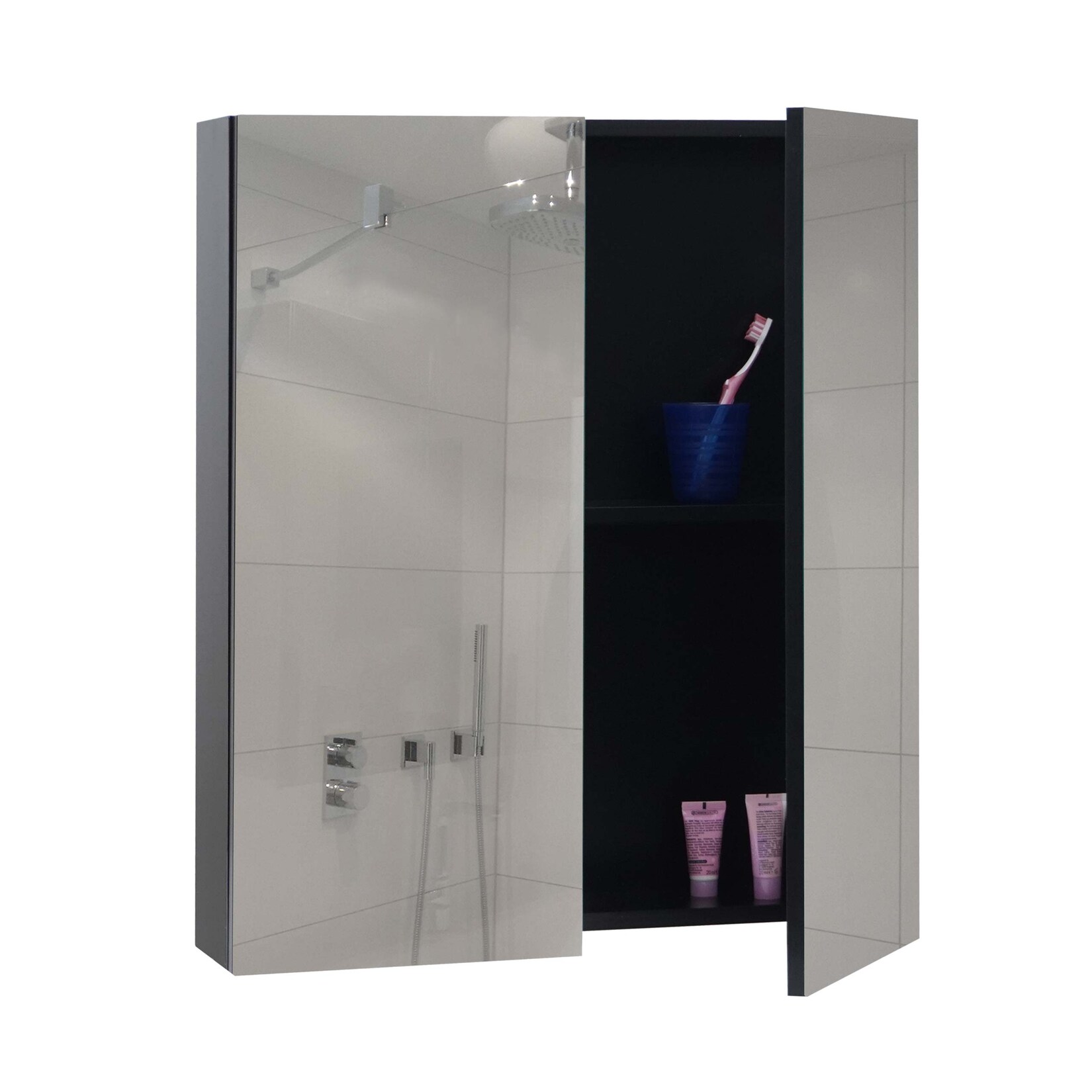 Spiegelschrank MCW-B19b, Badschrank Hängeschrank, 2 Regalböden hochglanz MVG-zertifiziert 70x60x16cm ~ schwarz