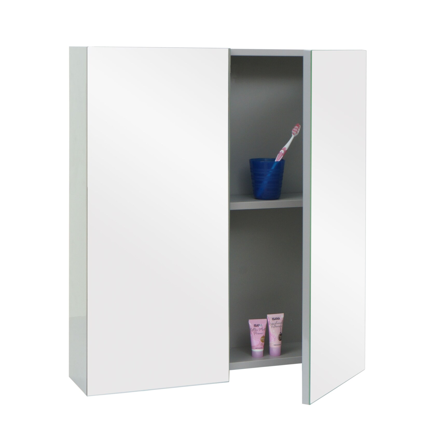 Spiegelschrank MCW-B19b, Badschrank Hängeschrank, 2 Regalböden hochglanz MVG-zertifiziert 70x60x16cm ~ grau