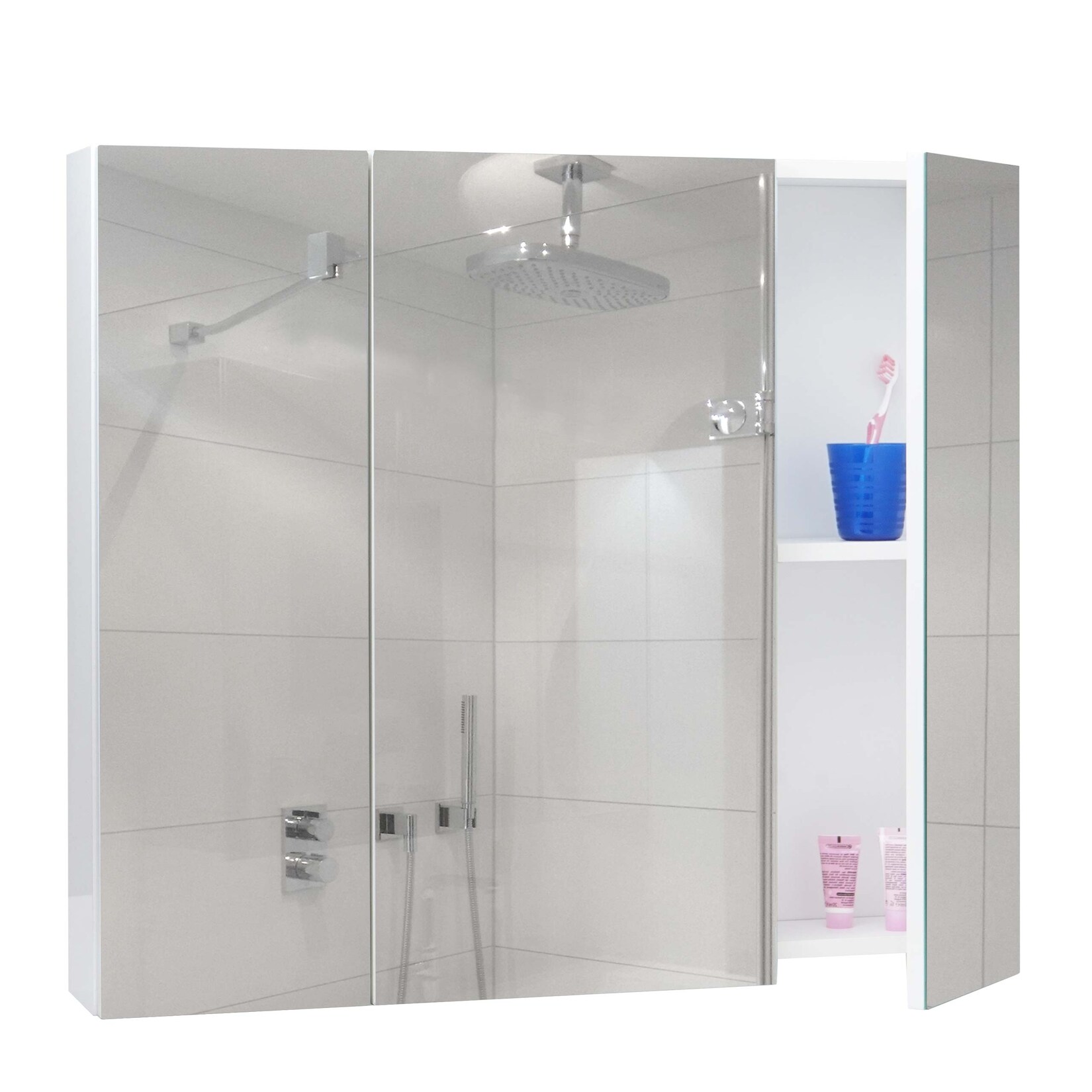 Spiegelschrank MCW-B19b, Badschrank Hängeschrank, 6 Regalböden hochglanz MVG-zertifiziert 70x80x16cm ~ weiß