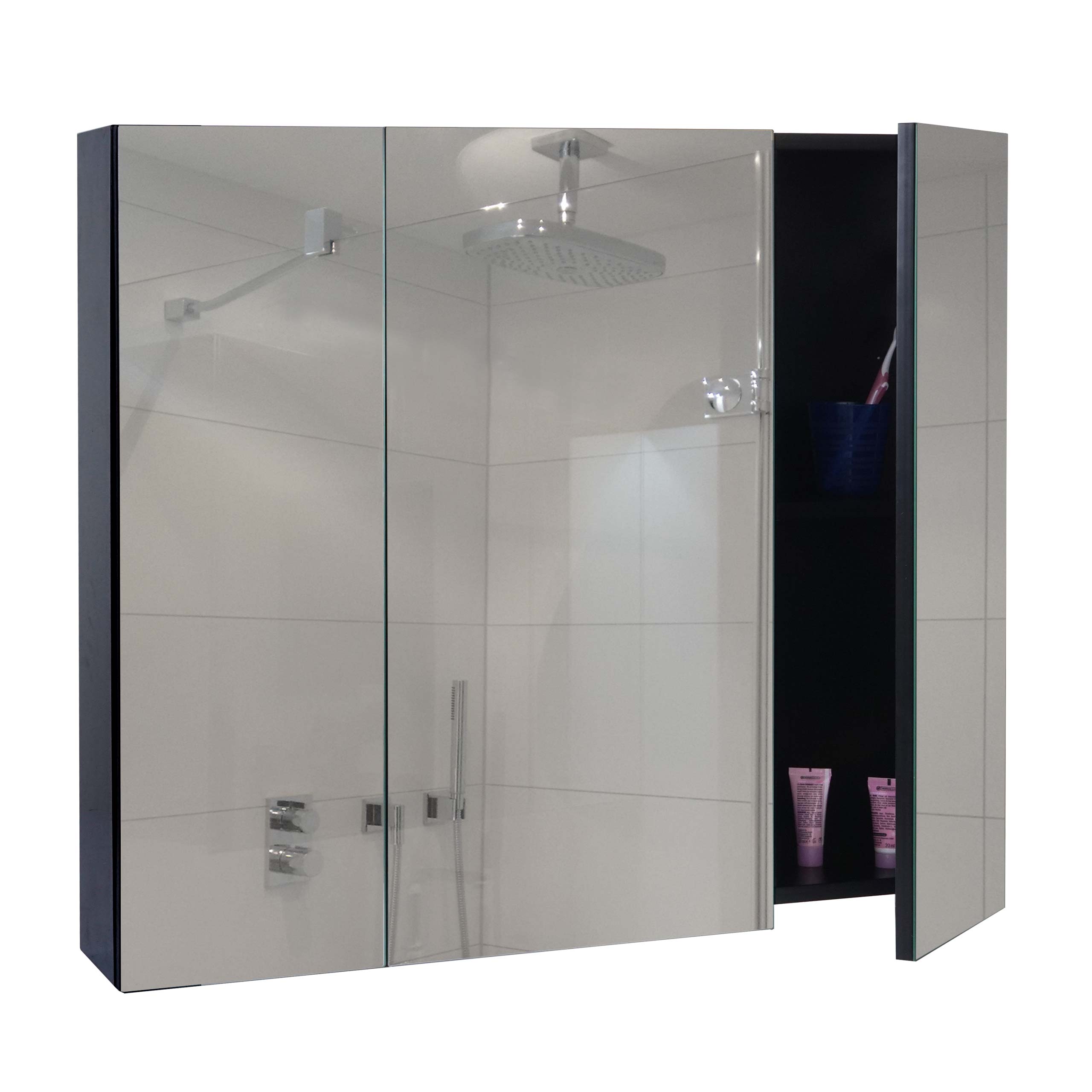 Spiegelschrank MCW-B19b, Badschrank H&auml;ngeschrank, 6 Regalb&ouml;den hochglanz MVG-zertifiziert 70x80x16cm ~ schwarz - Bild 1