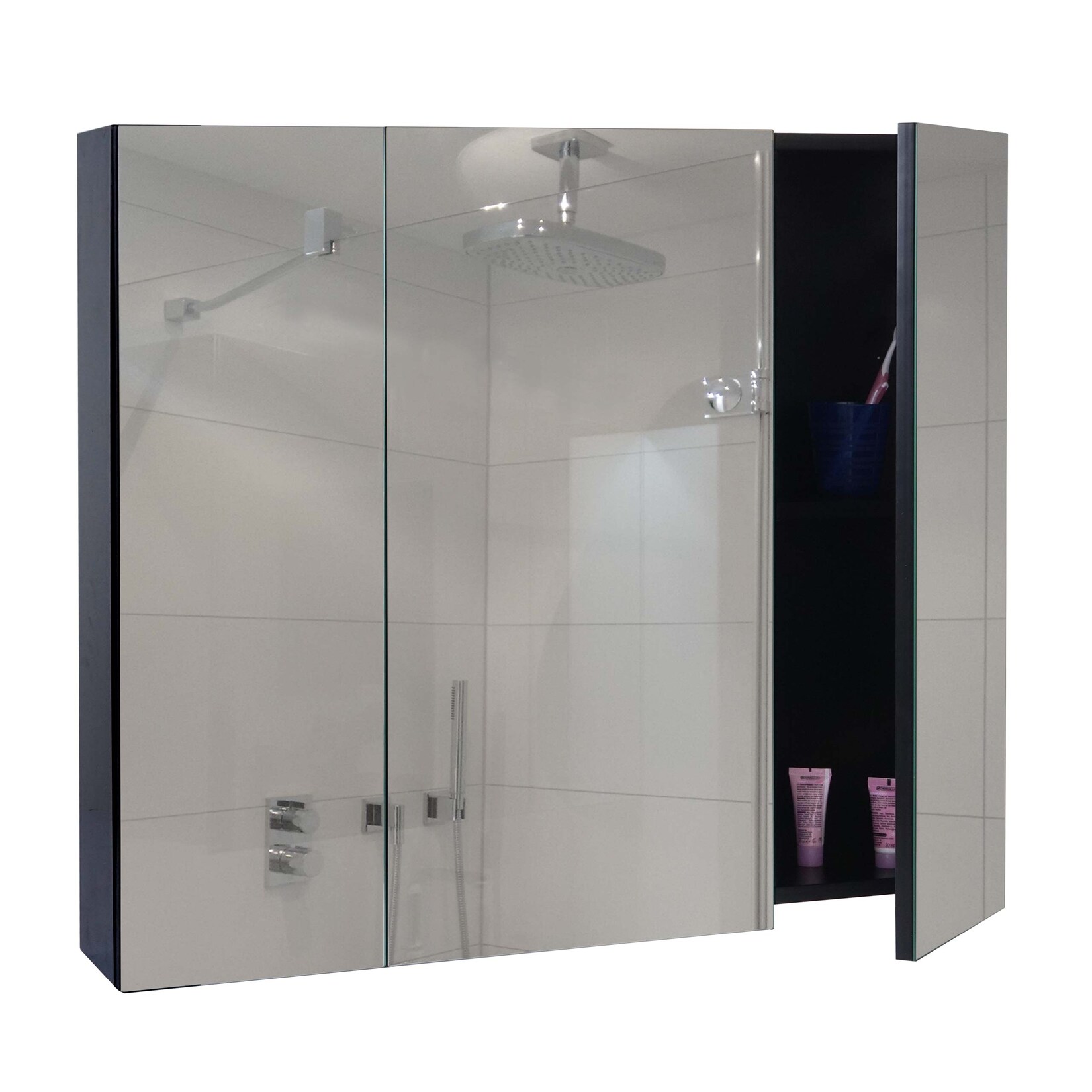 Spiegelschrank MCW-B19b, Badschrank Hängeschrank, 6 Regalböden hochglanz MVG-zertifiziert 70x80x16cm ~ schwarz