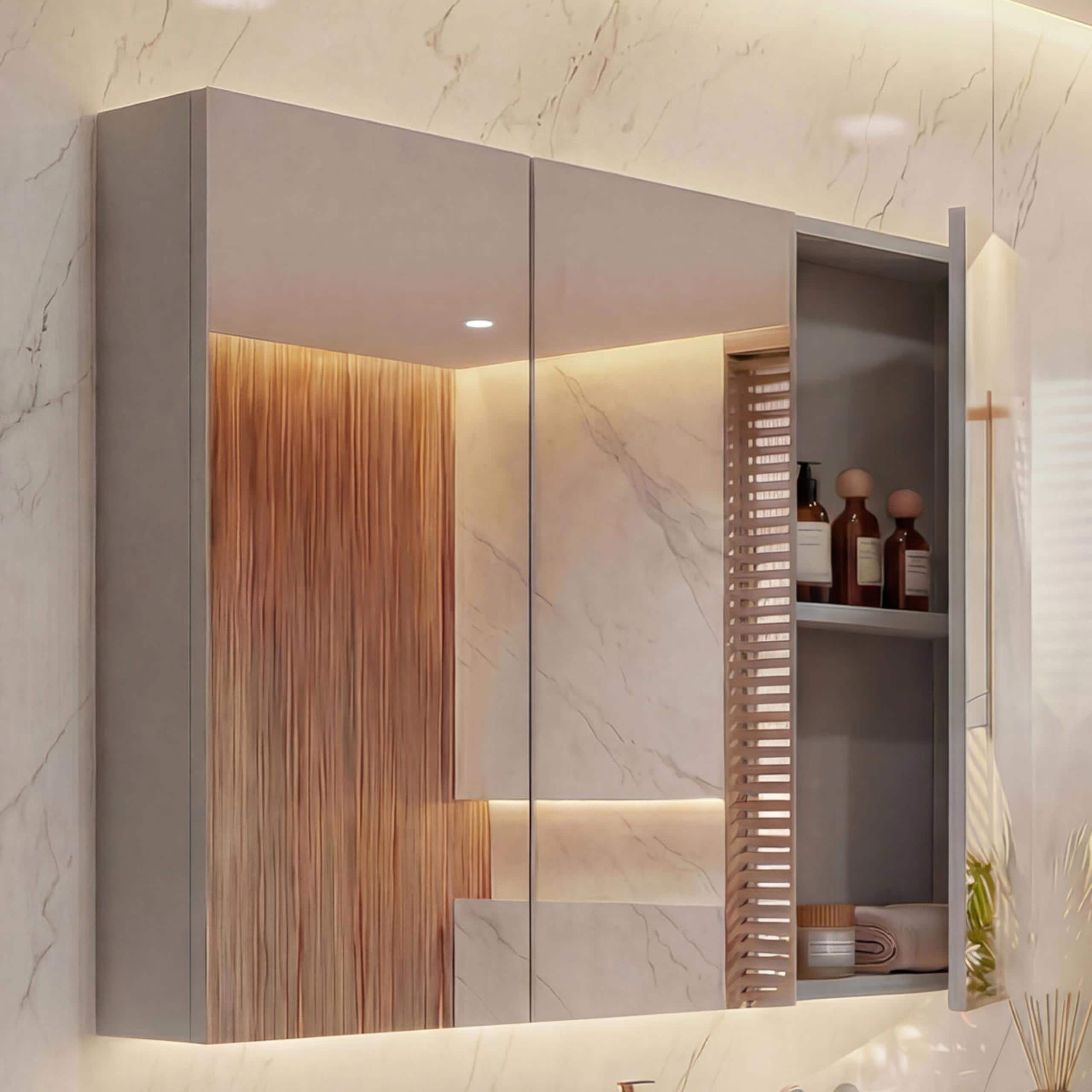 Spiegelschrank MCW-B19b, Badschrank H&auml;ngeschrank, 6 Regalb&ouml;den hochglanz MVG-zertifiziert 70x80x16cm ~ grau - Bild 1