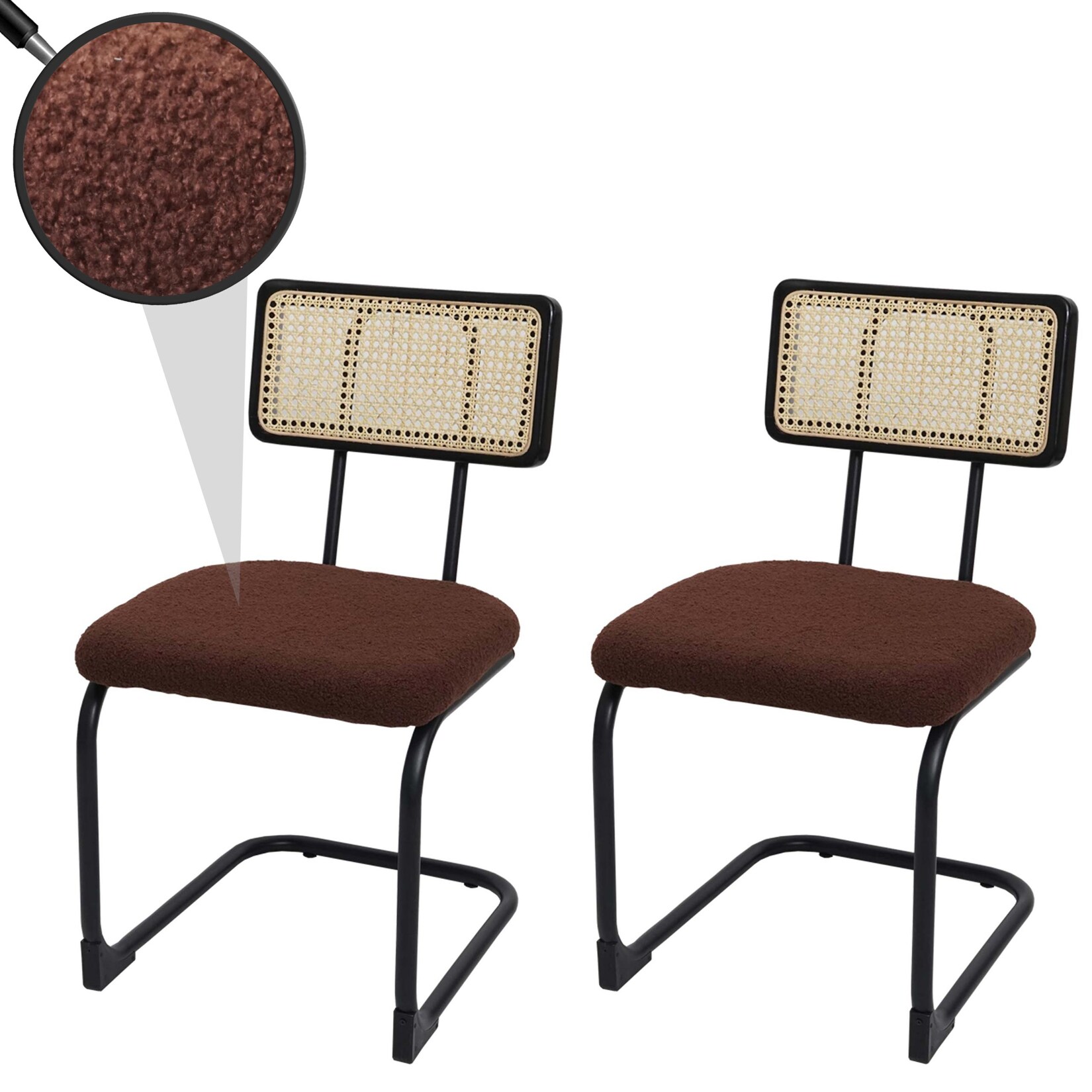 2er-Set Freischwinger-Stuhl MCW-K88, Stuhl Lehnstuhl, Holz Rattan Metall Bouclé ~ Stoff/Textil braun