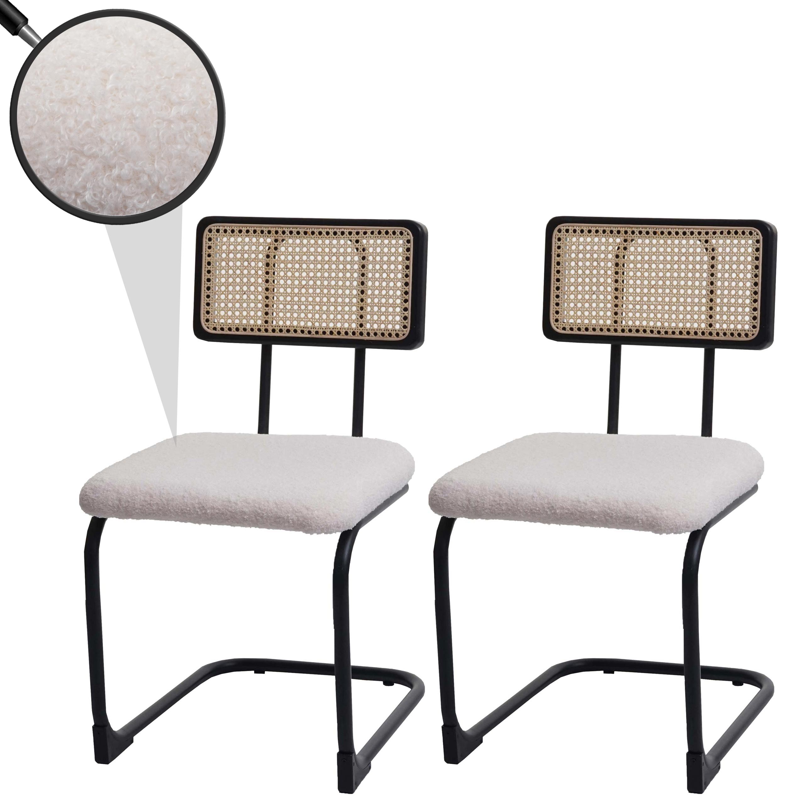 2er-Set Freischwinger-Stuhl MCW-K88, Stuhl Lehnstuhl, Holz Rattan Metall Boucl&eacute; ~ Stoff/Textil wei&szlig; - Bild 1