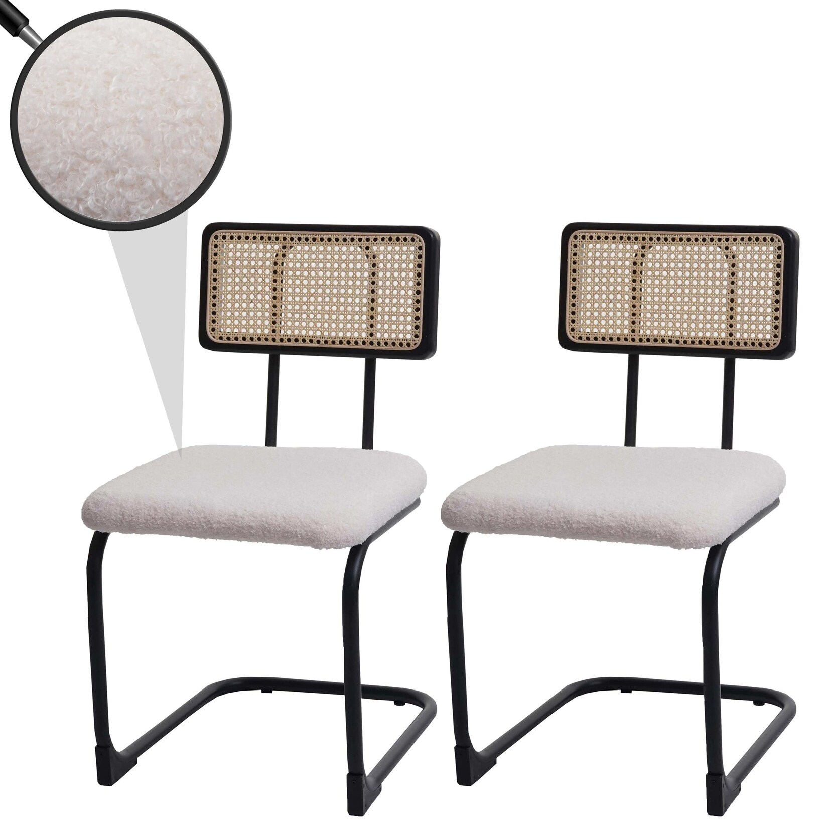 2er-Set Freischwinger-Stuhl MCW-K88, Stuhl Lehnstuhl, Holz Rattan Metall Bouclé ~ Stoff/Textil weiß | 04057651323671